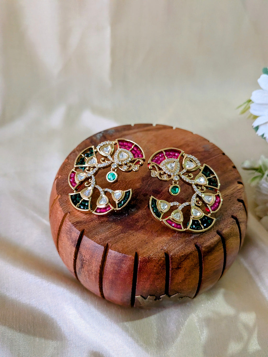 Meher Chandbalis – crescent-shaped chandbalis with green, rose pink, white stones and emerald detail