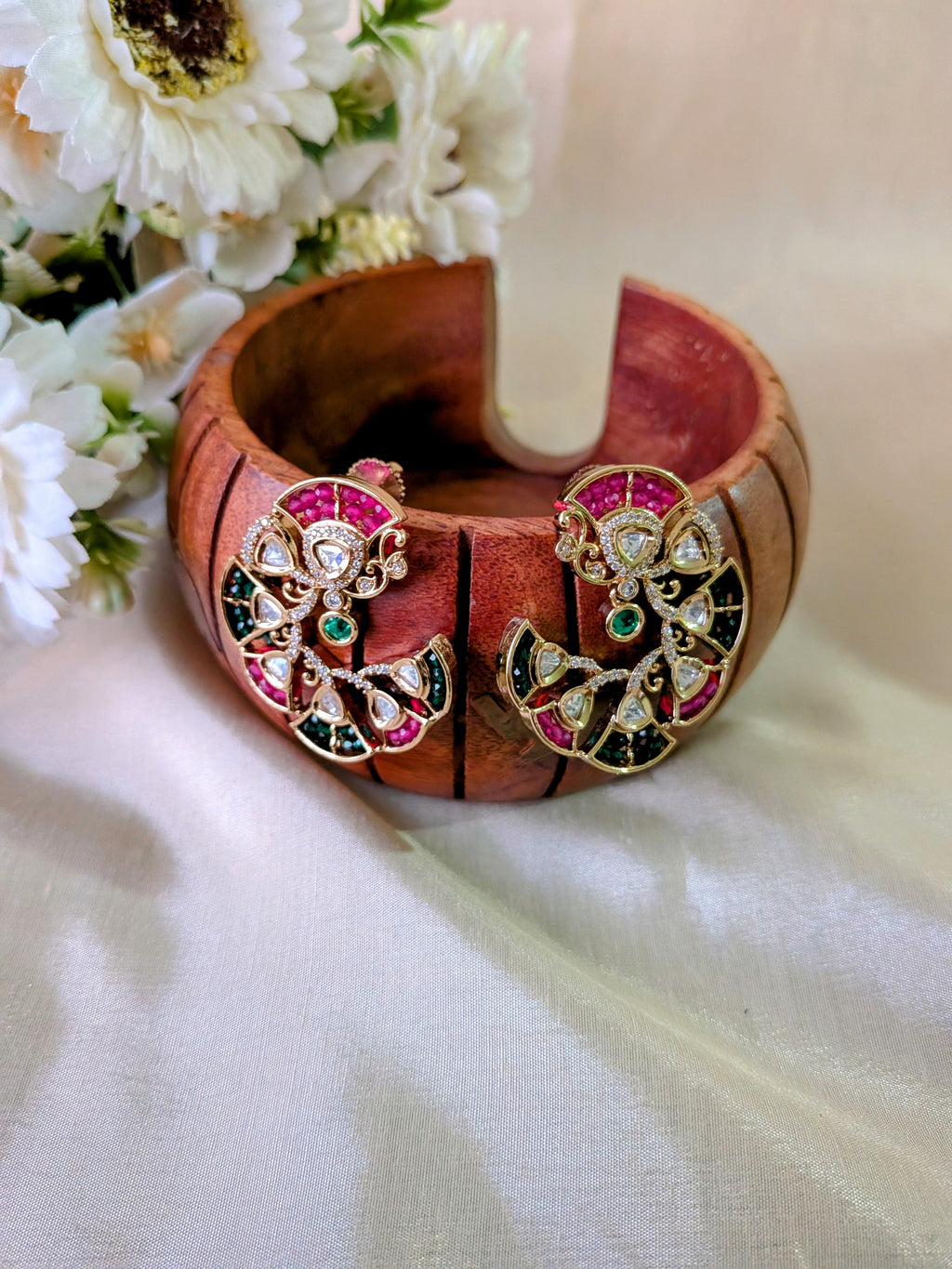 Meher Chandbalis – crescent-shaped chandbalis with green, rose pink, white stones and emerald detail