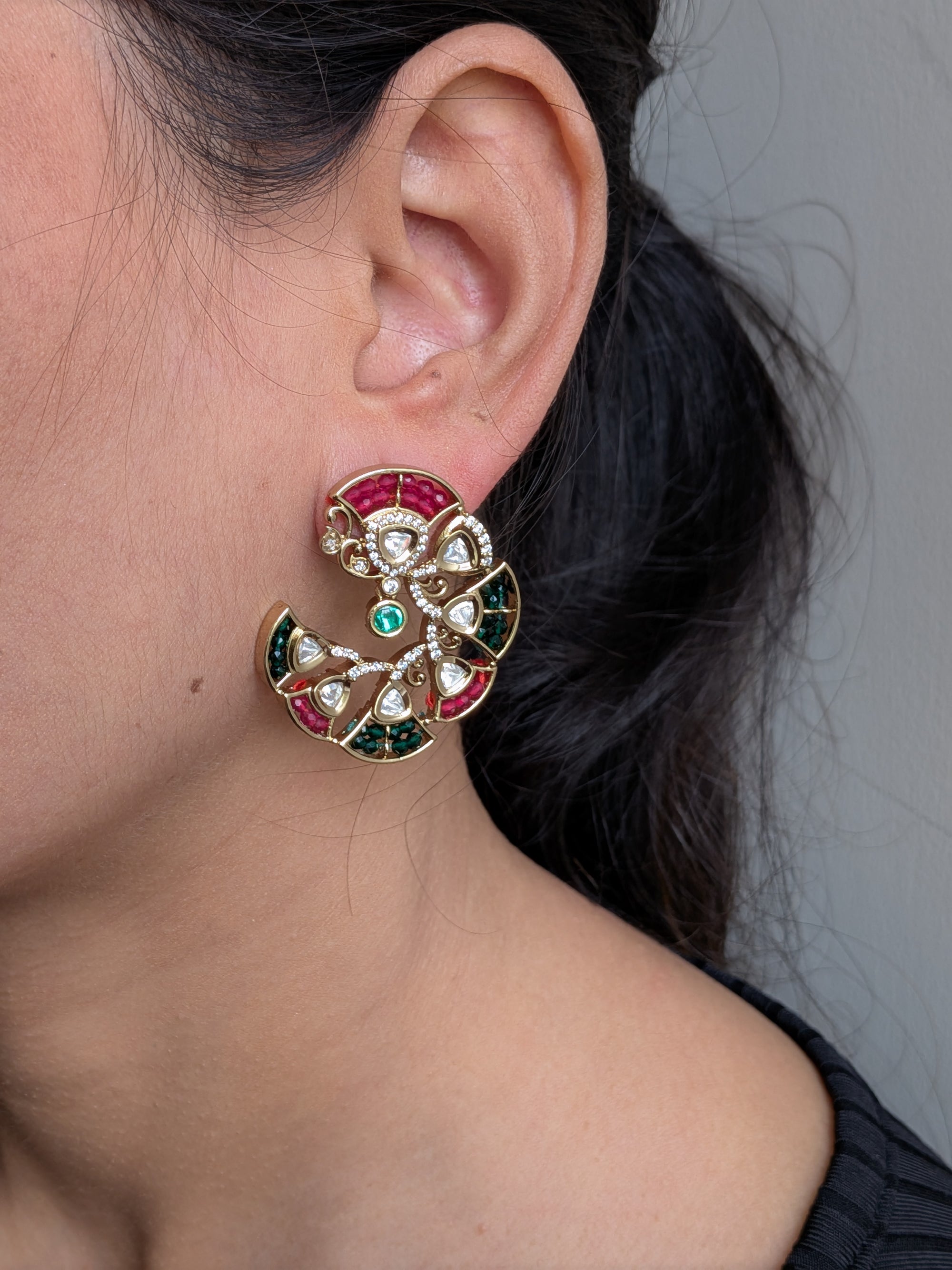 Meher Chandbalis – crescent-shaped chandbalis with green, rose pink, white stones and emerald detail