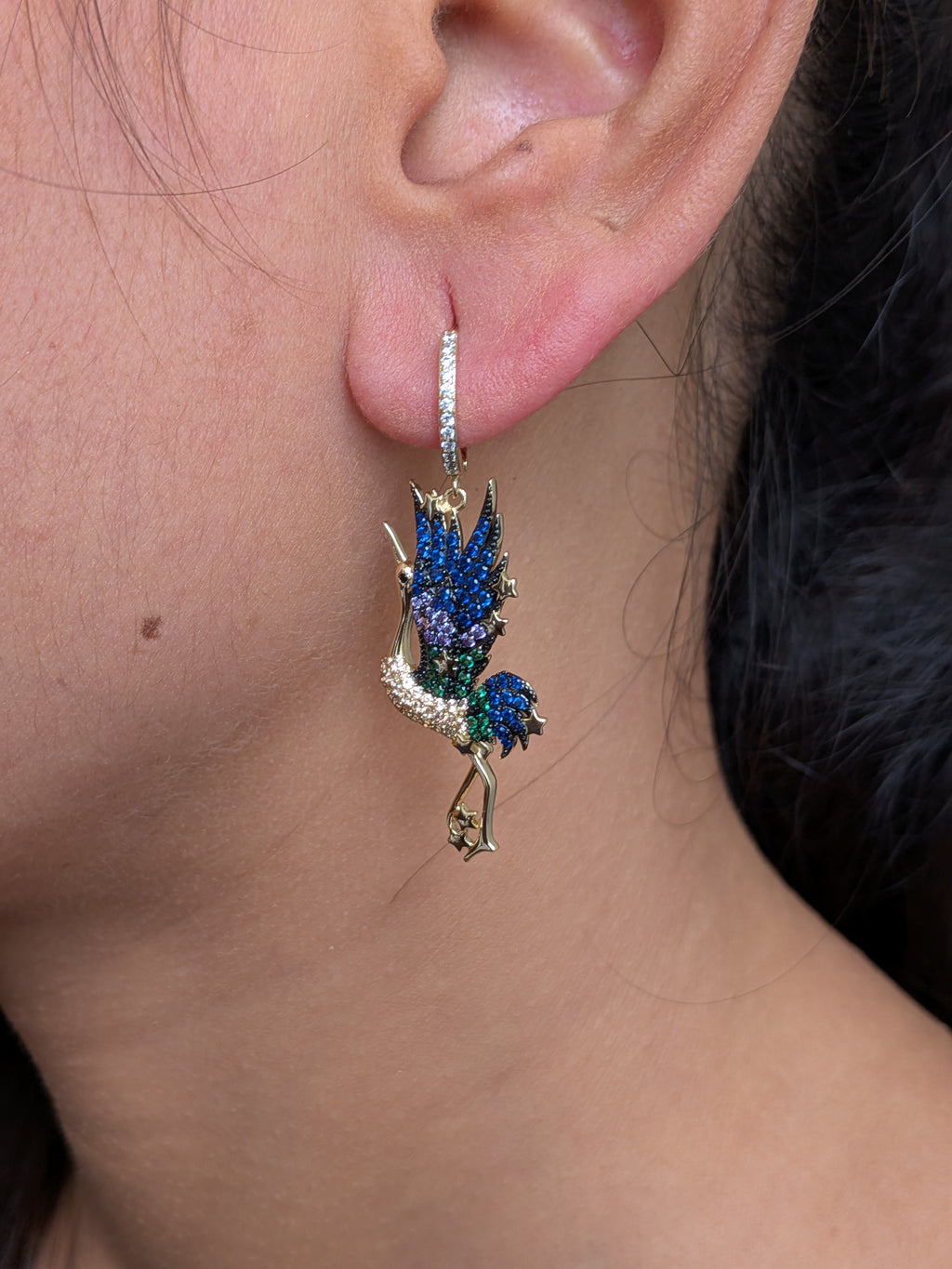 Celestia Flight Earrings – bird-shaped earrings in sapphire, emerald and crystal stones with zircon hoop