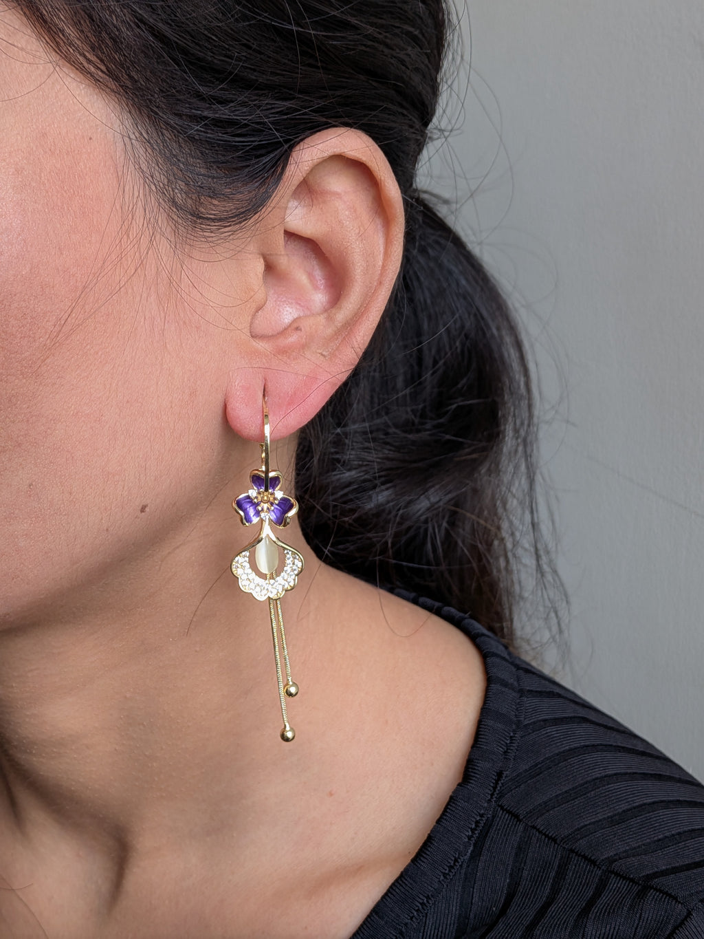 Viola Bloom Convertible Earrings – violet enamel flower with crystal motifs and gold tassels