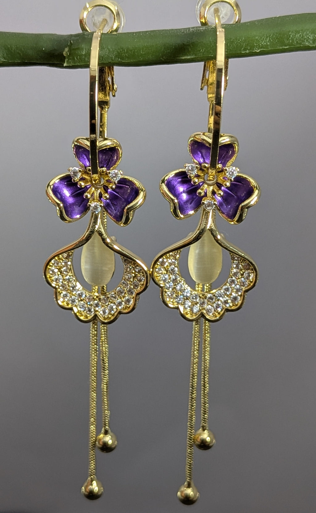 Viola Bloom Convertible Earrings – violet enamel flower with crystal motifs and gold tassels