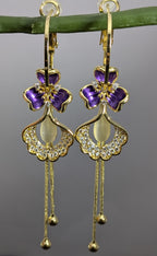 Viola Bloom Convertible Earrings – violet enamel flower with crystal motifs and gold tassels