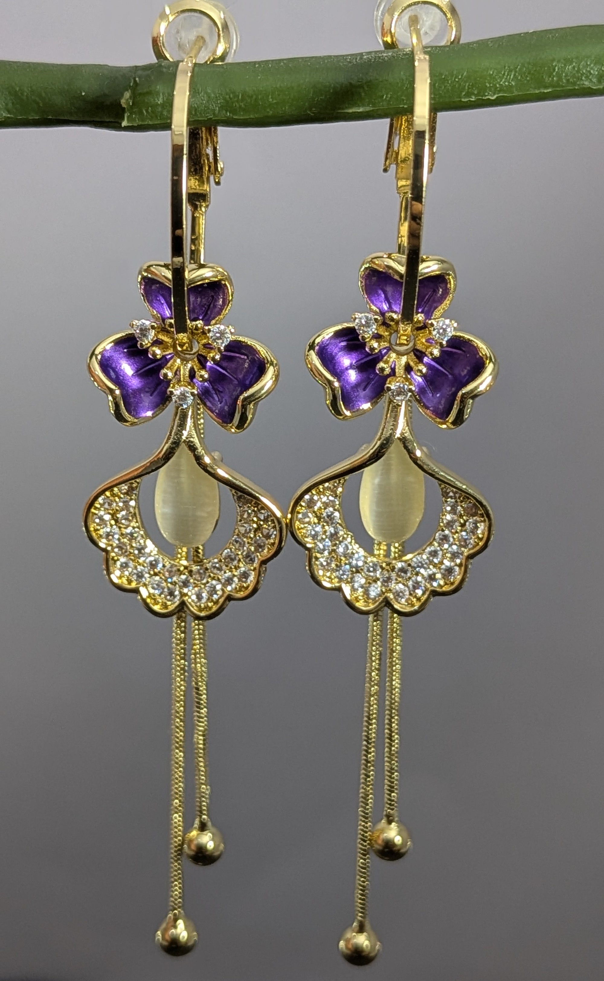 Viola Bloom Convertible Earrings – violet enamel flower with crystal motifs and gold tassels