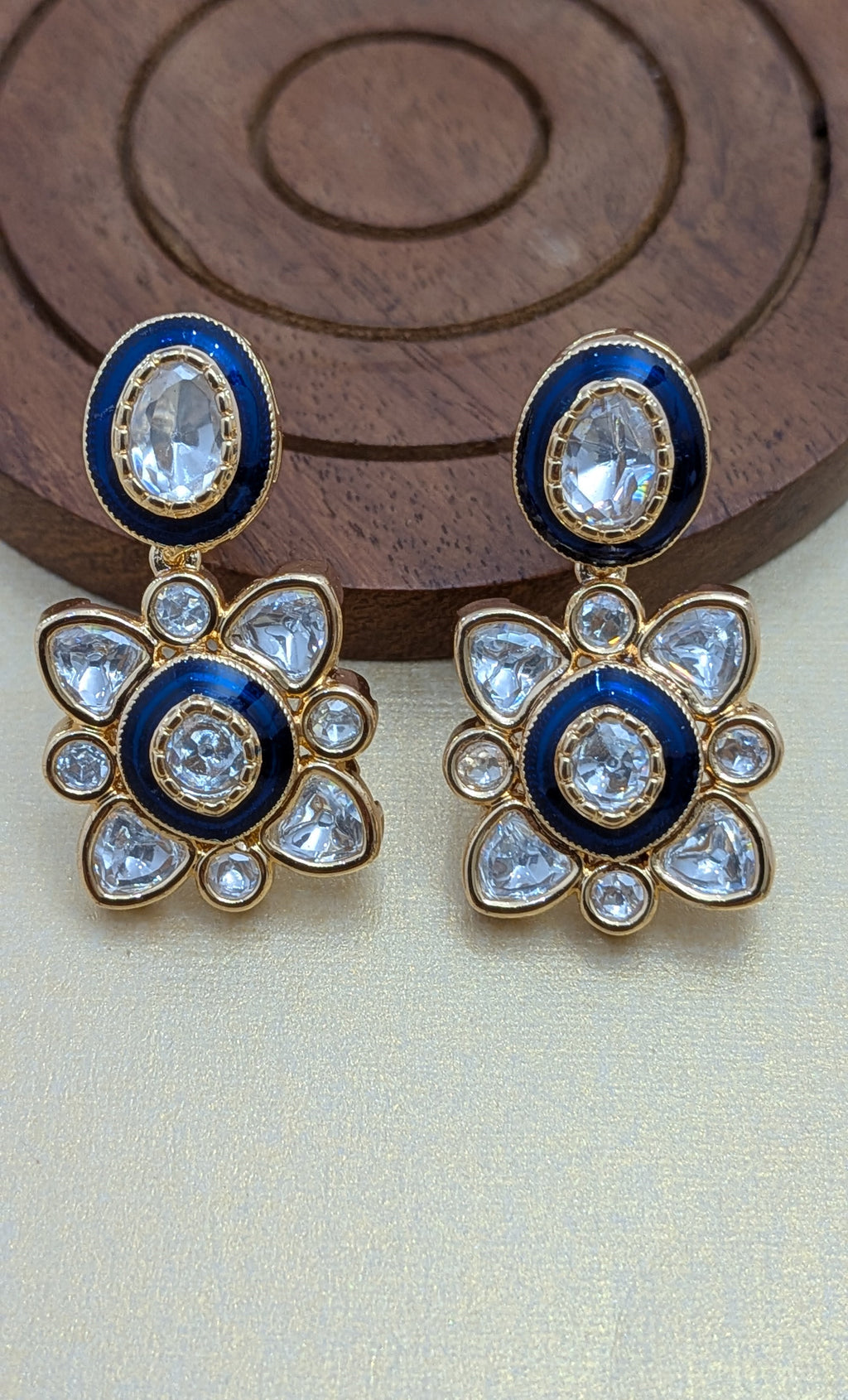Sapphire Blue Kundan Drop Earrings – navy enamel with kundan-style floral and oval stones