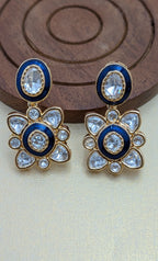 Sapphire Blue Kundan Drop Earrings – navy enamel with kundan-style floral and oval stones