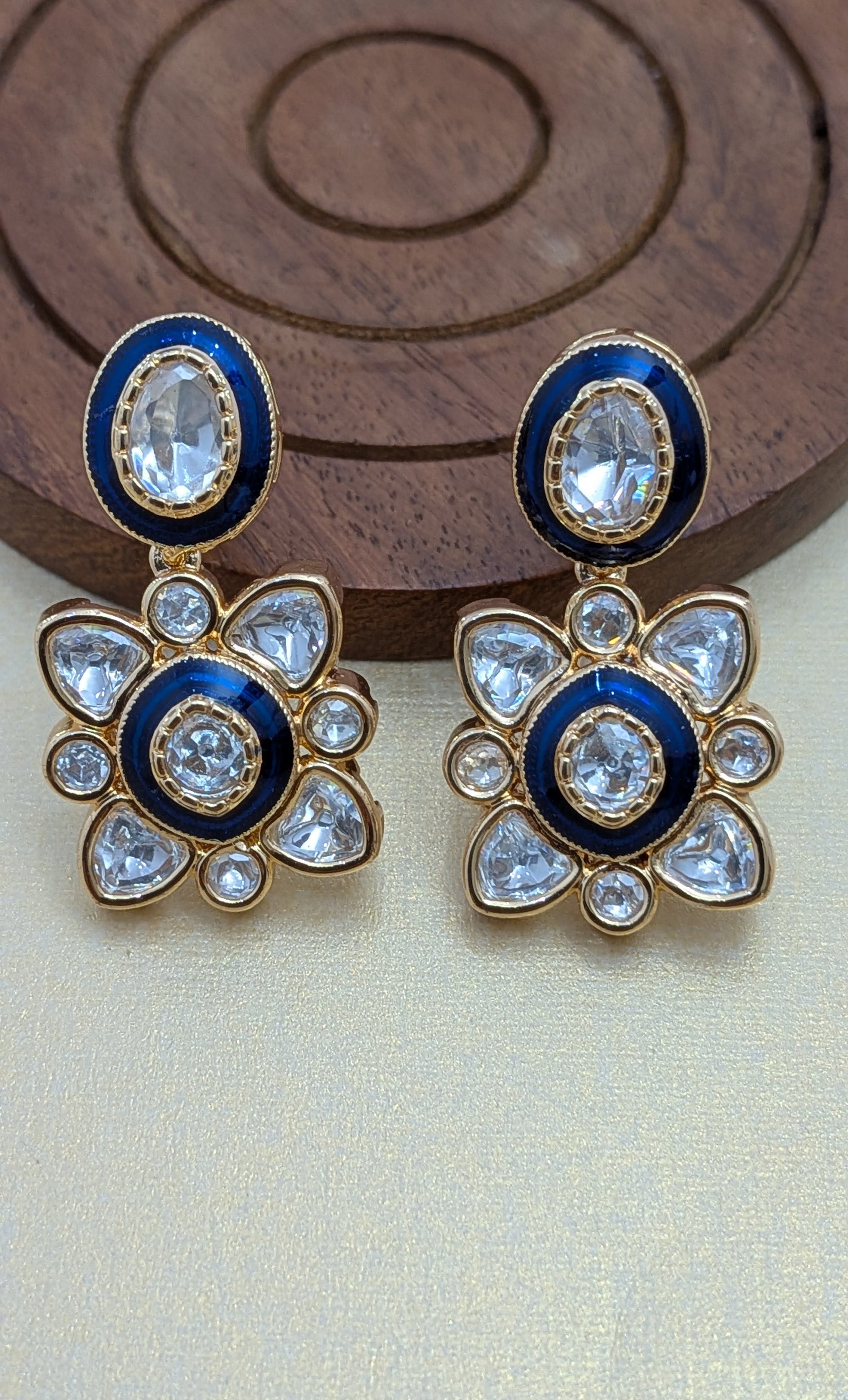 Sapphire Blue Kundan Drop Earrings – navy enamel with kundan-style floral and oval stones