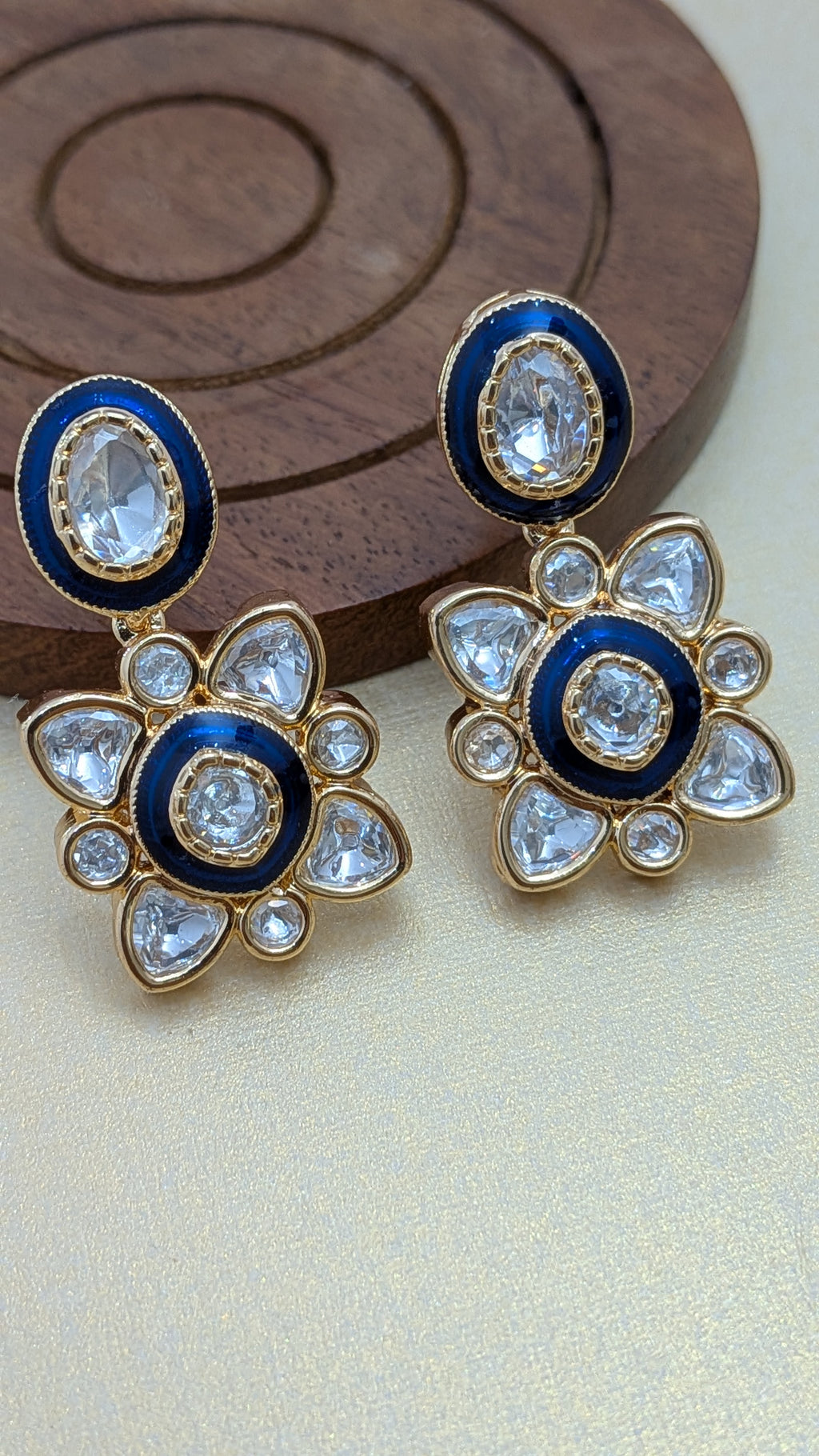 Sapphire Blue Kundan Drop Earrings – navy enamel with kundan-style floral and oval stones