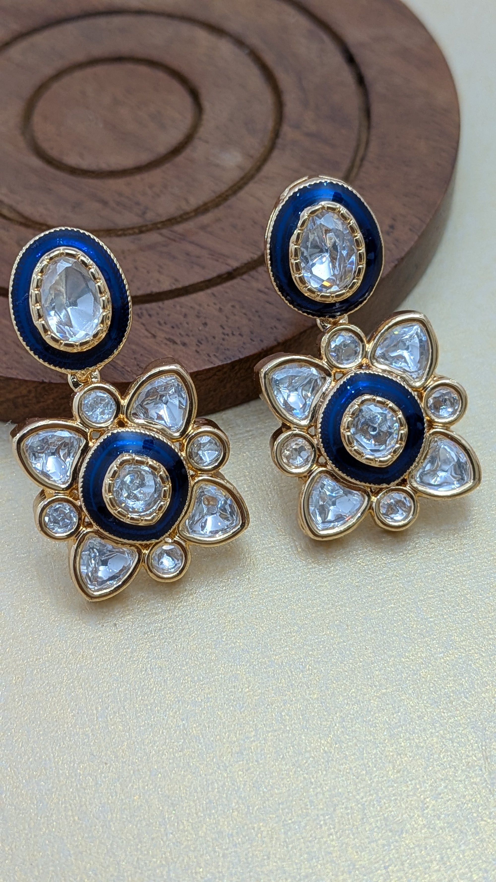 Sapphire Blue Kundan Drop Earrings – navy enamel with kundan-style floral and oval stones