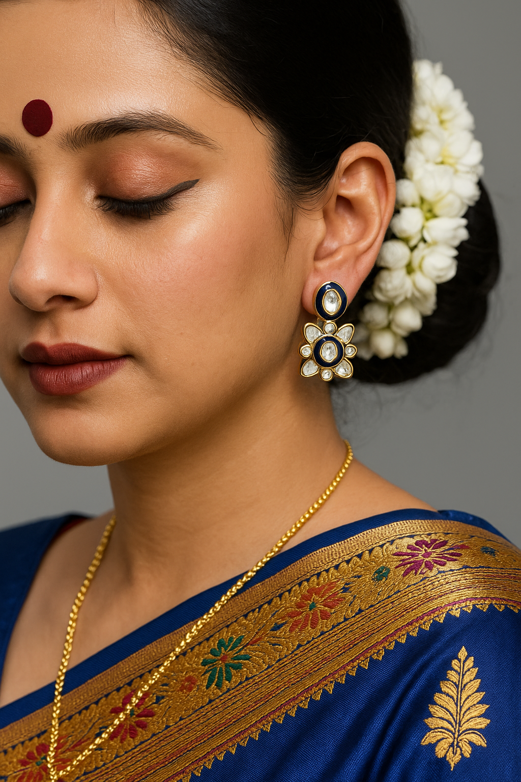 Sapphire Blue Kundan Drop Earrings – navy enamel with kundan-style floral and oval stones
