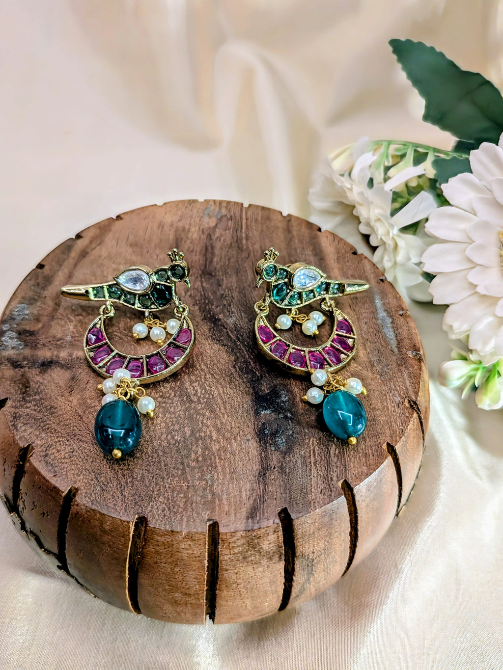Mayur Katha Drop Earrings – peacock motif with colored stones, pearls, and teal bead