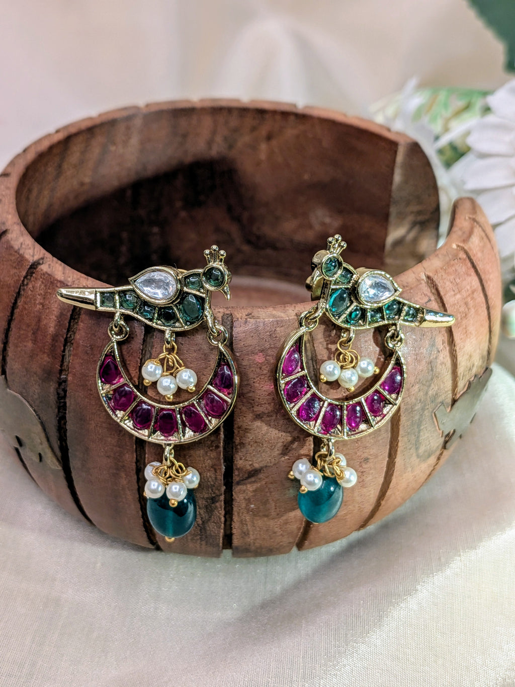 Mayur Katha Drop Earrings – peacock motif with colored stones, pearls, and teal bead