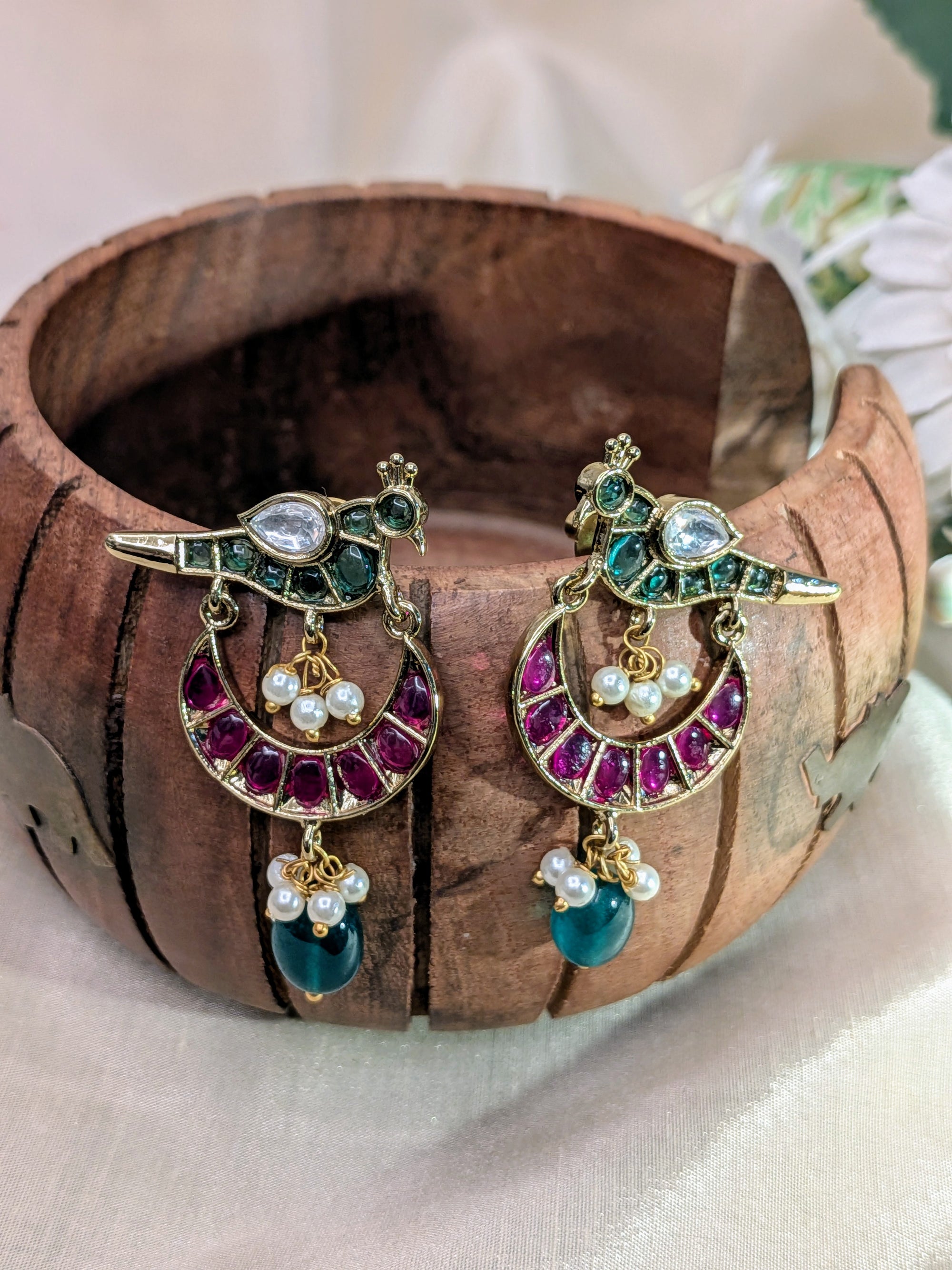 Mayur Katha Drop Earrings – peacock motif with colored stones, pearls, and teal bead