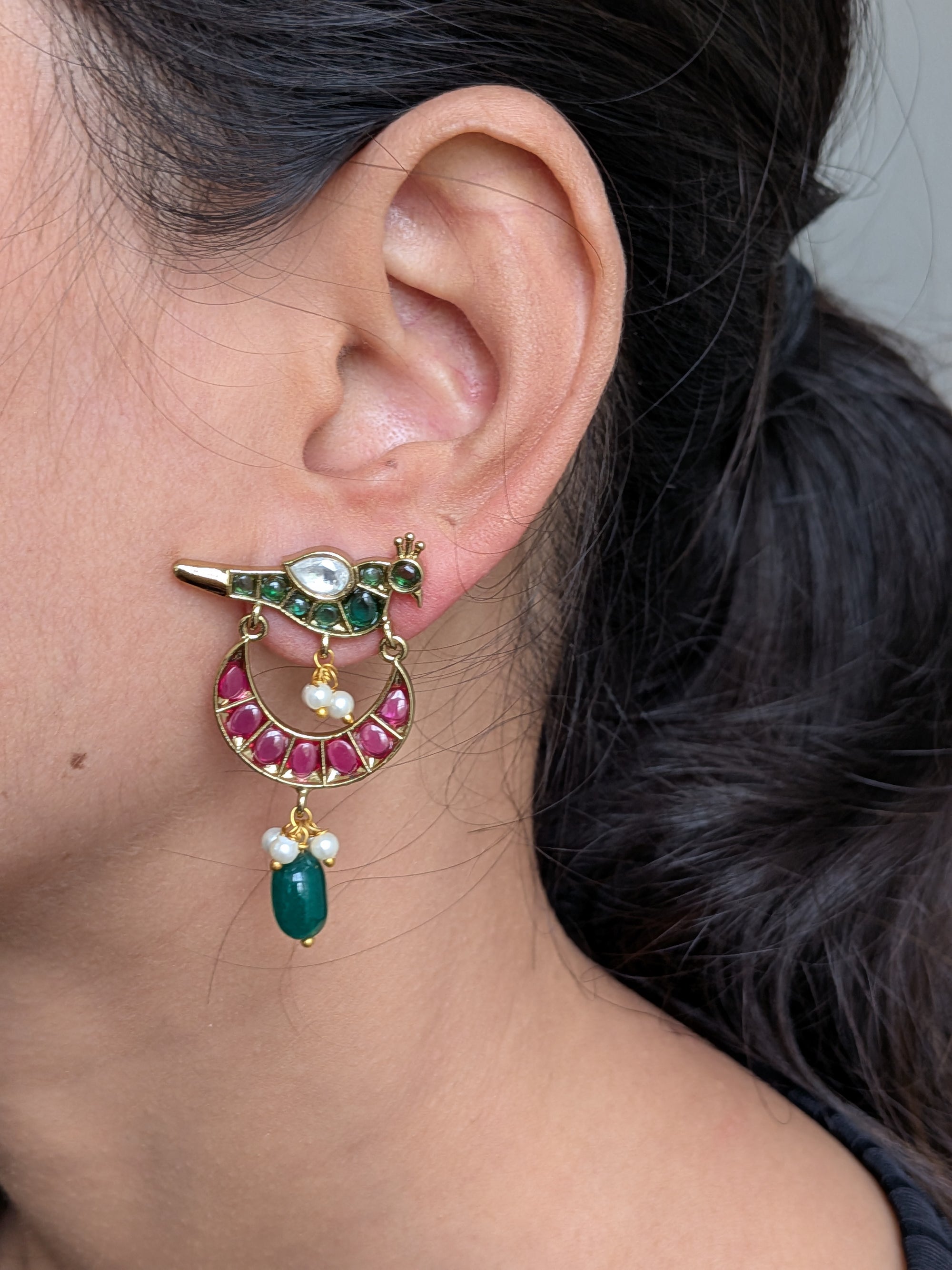 Mayur Katha Drop Earrings – peacock motif with colored stones, pearls, and teal bead