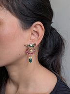 Mayur Katha Drop Earrings – peacock motif with colored stones, pearls, and teal bead