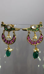 Mayur Katha Drop Earrings – peacock motif with colored stones, pearls, and teal bead