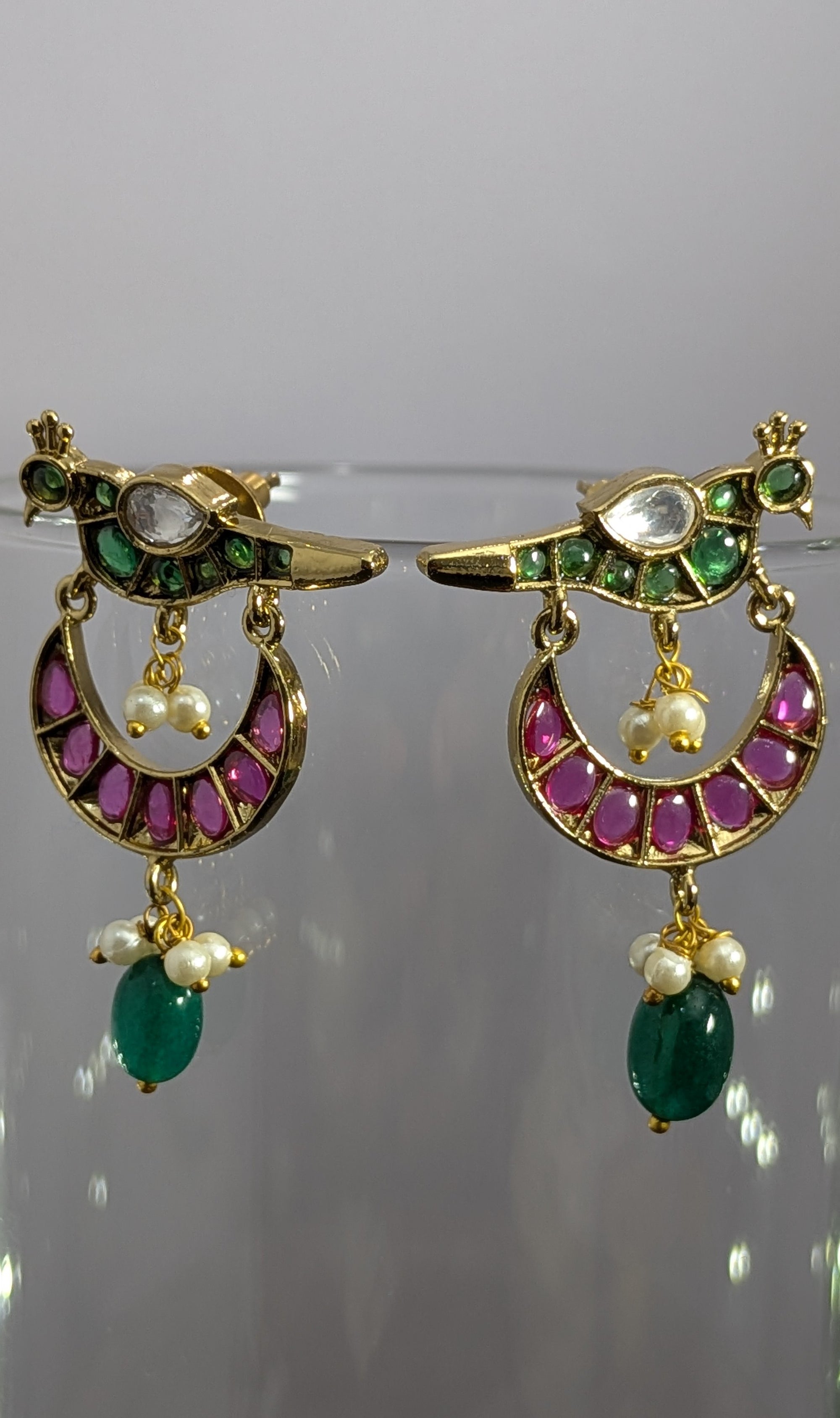 Mayur Katha Drop Earrings – peacock motif with colored stones, pearls, and teal bead
