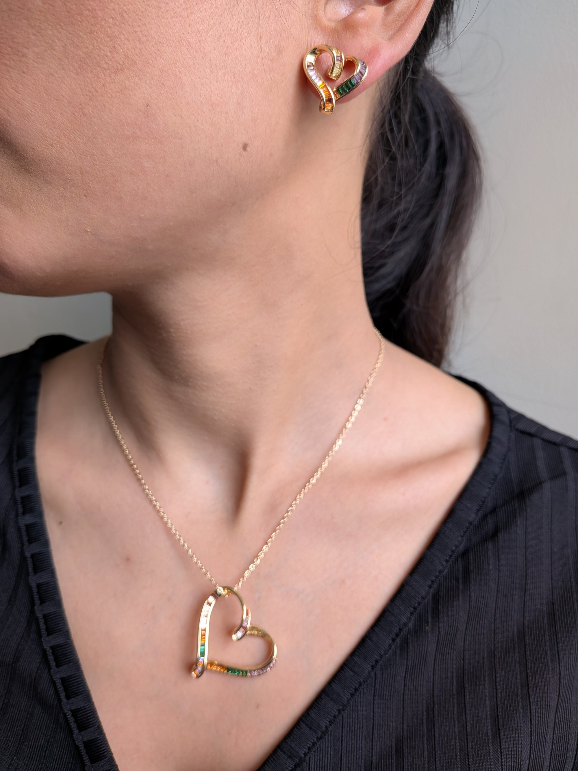 Radiant Spectrum Heart Set – multicolored baguette-stone heart pendant with matching earrings