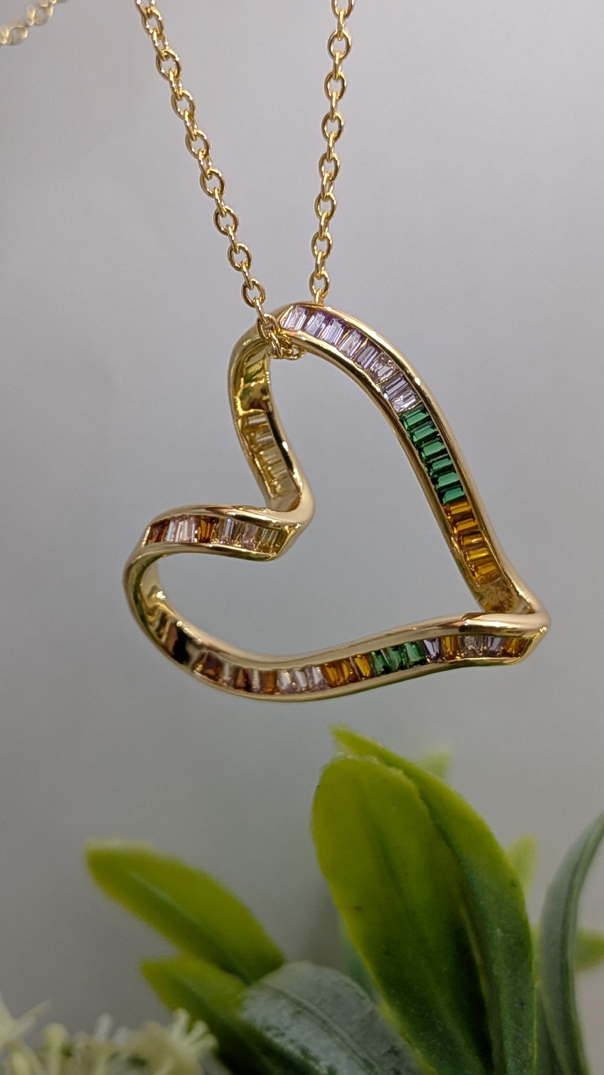 Radiant Spectrum Heart Set – multicolored baguette-stone heart pendant with matching earrings