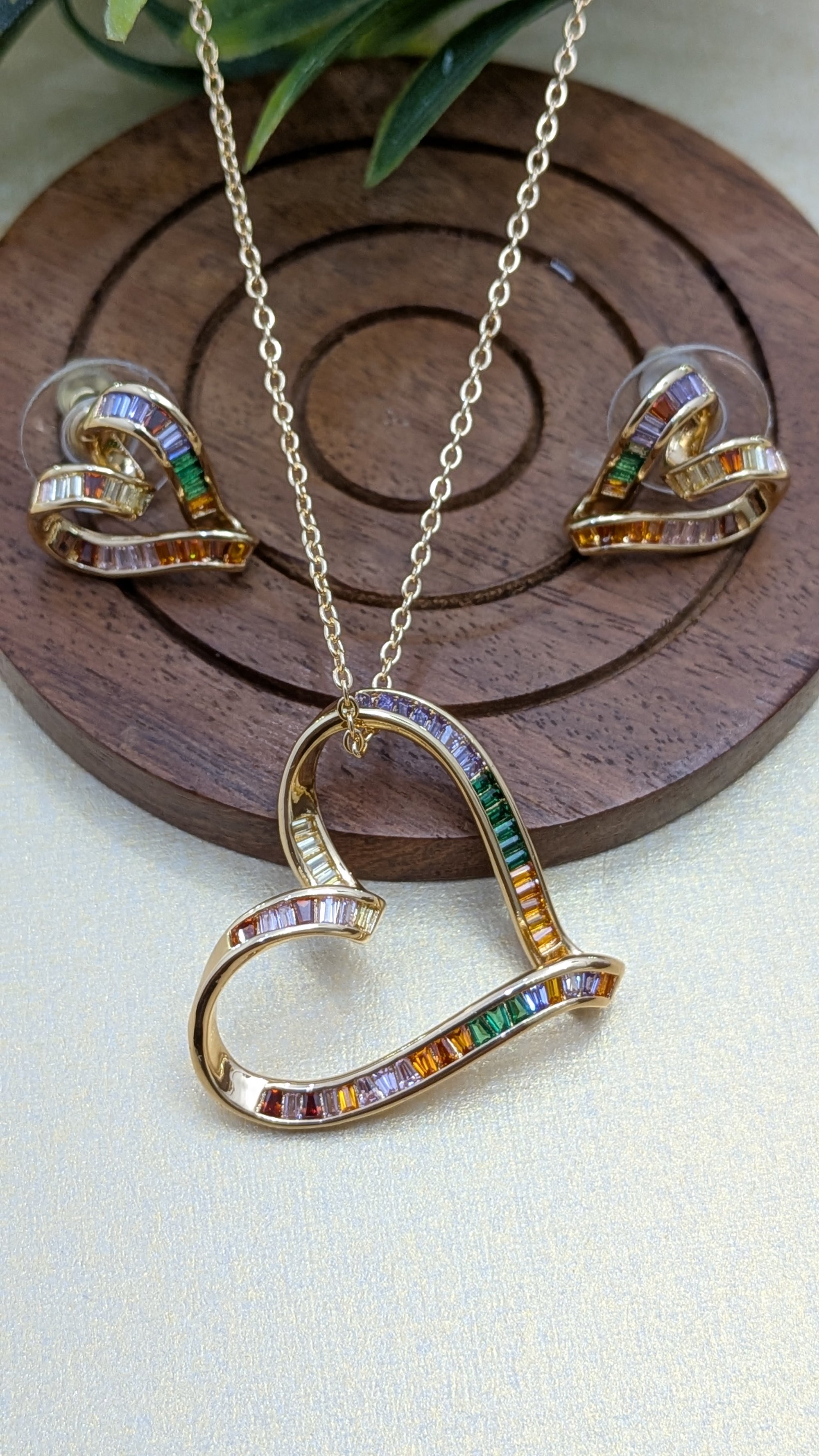 Radiant Spectrum Heart Set – multicolored baguette-stone heart pendant with matching earrings