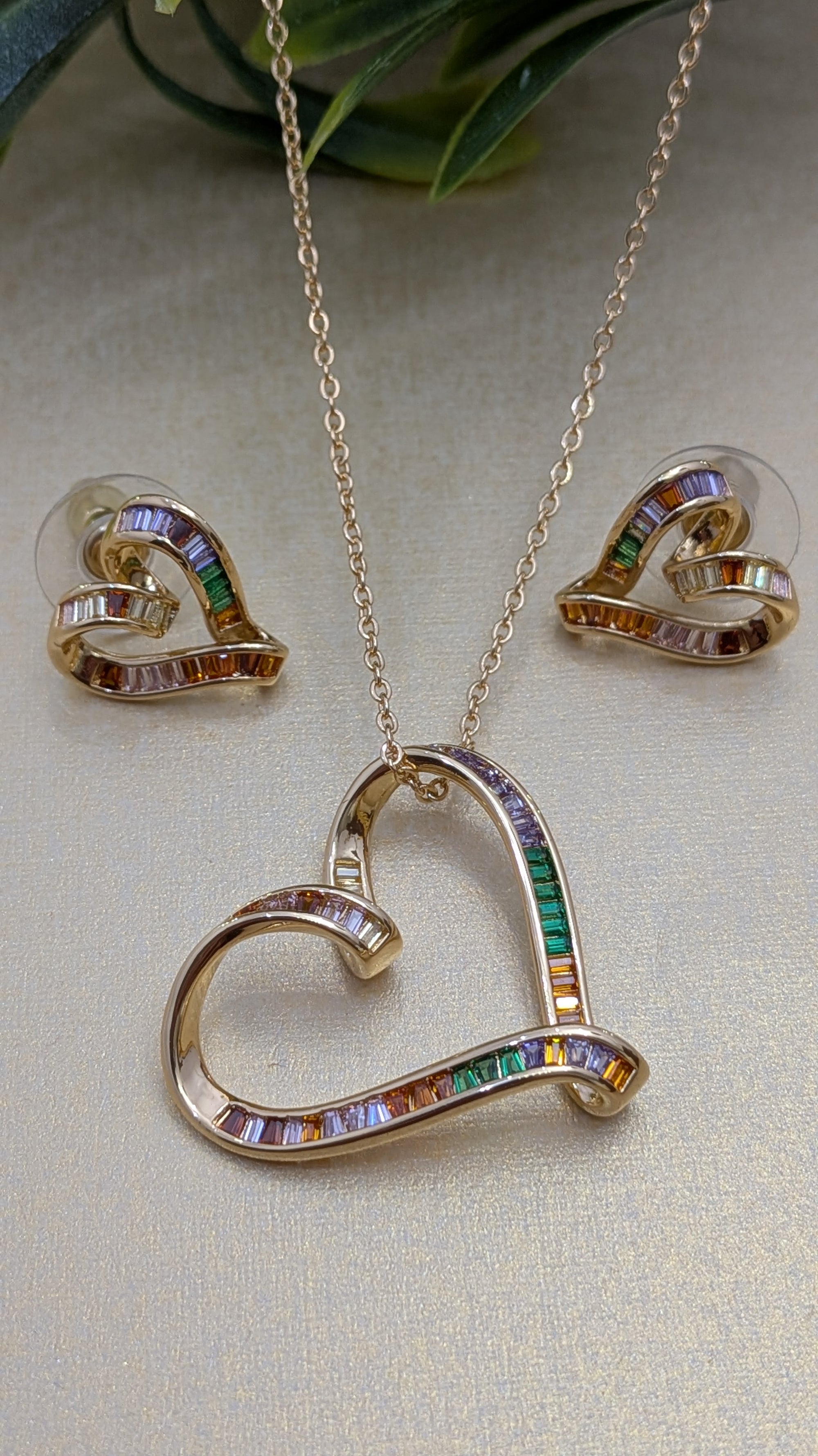 Radiant Spectrum Heart Set – multicolored baguette-stone heart pendant with matching earrings
