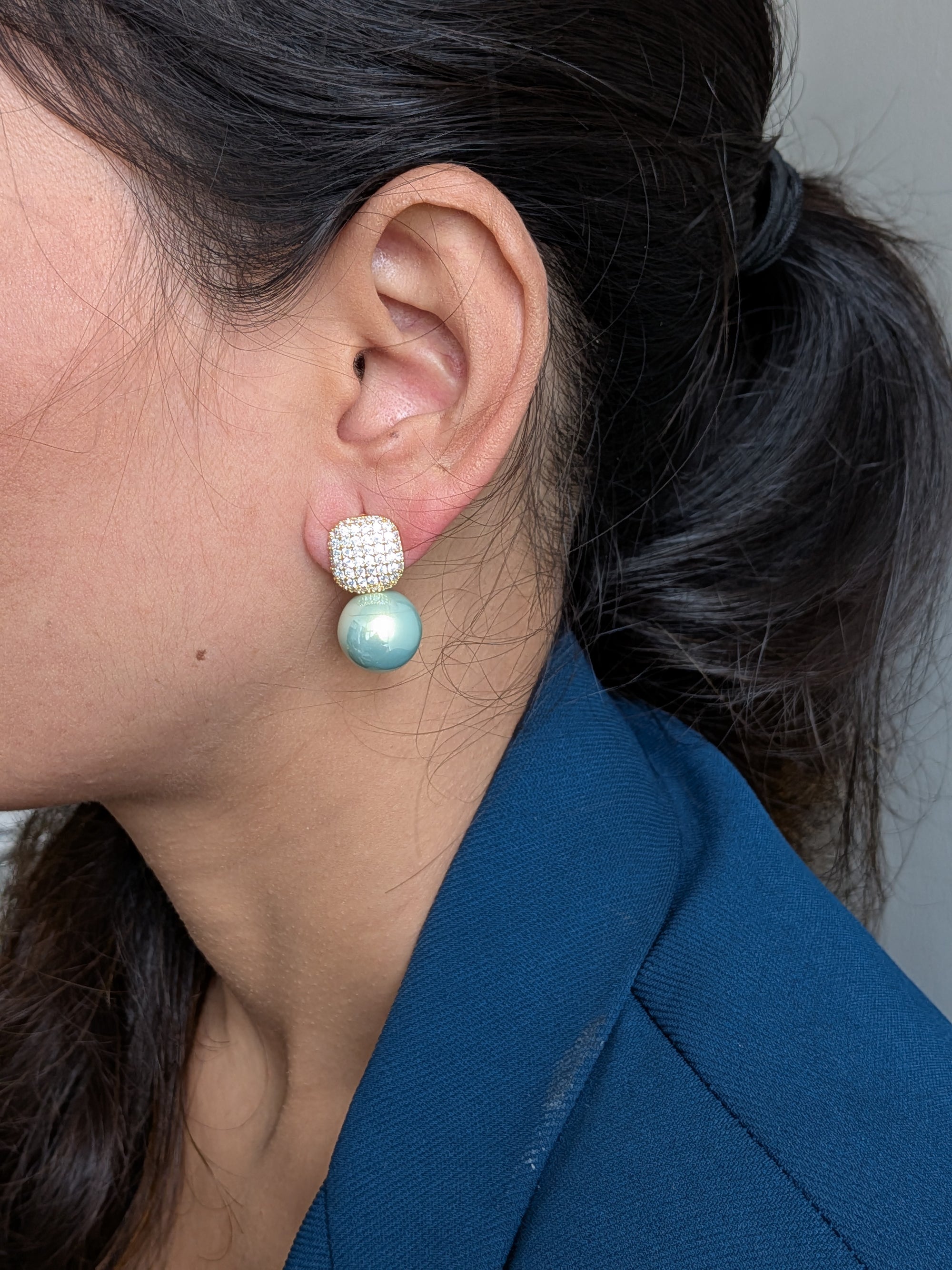 Crystal Luxe Drop Earrings – zirconia square top with enamel-finish pearl drops