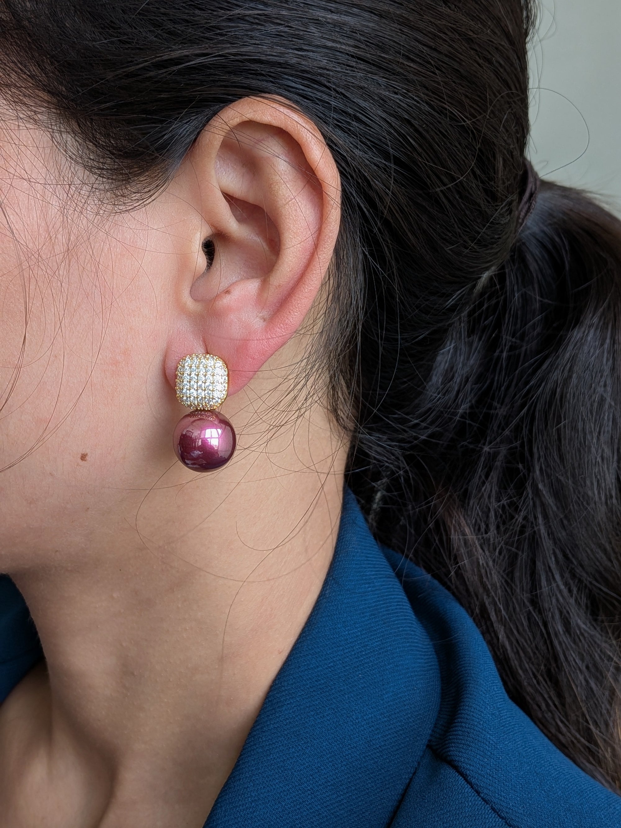 Crystal Luxe Drop Earrings – zirconia square top with enamel-finish pearl drops