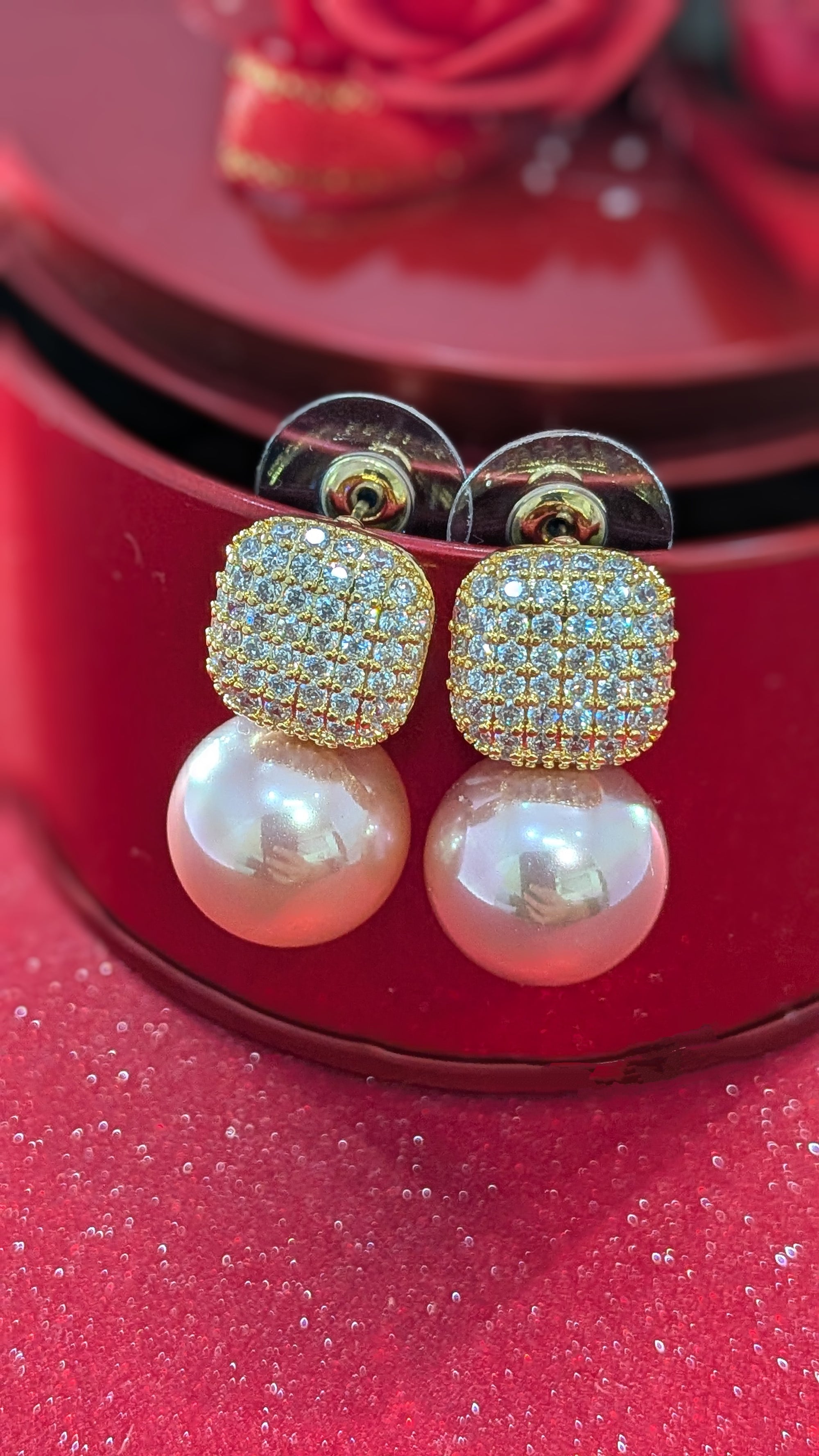 Crystal Luxe Drop Earrings – zirconia square top with enamel-finish pearl drops
