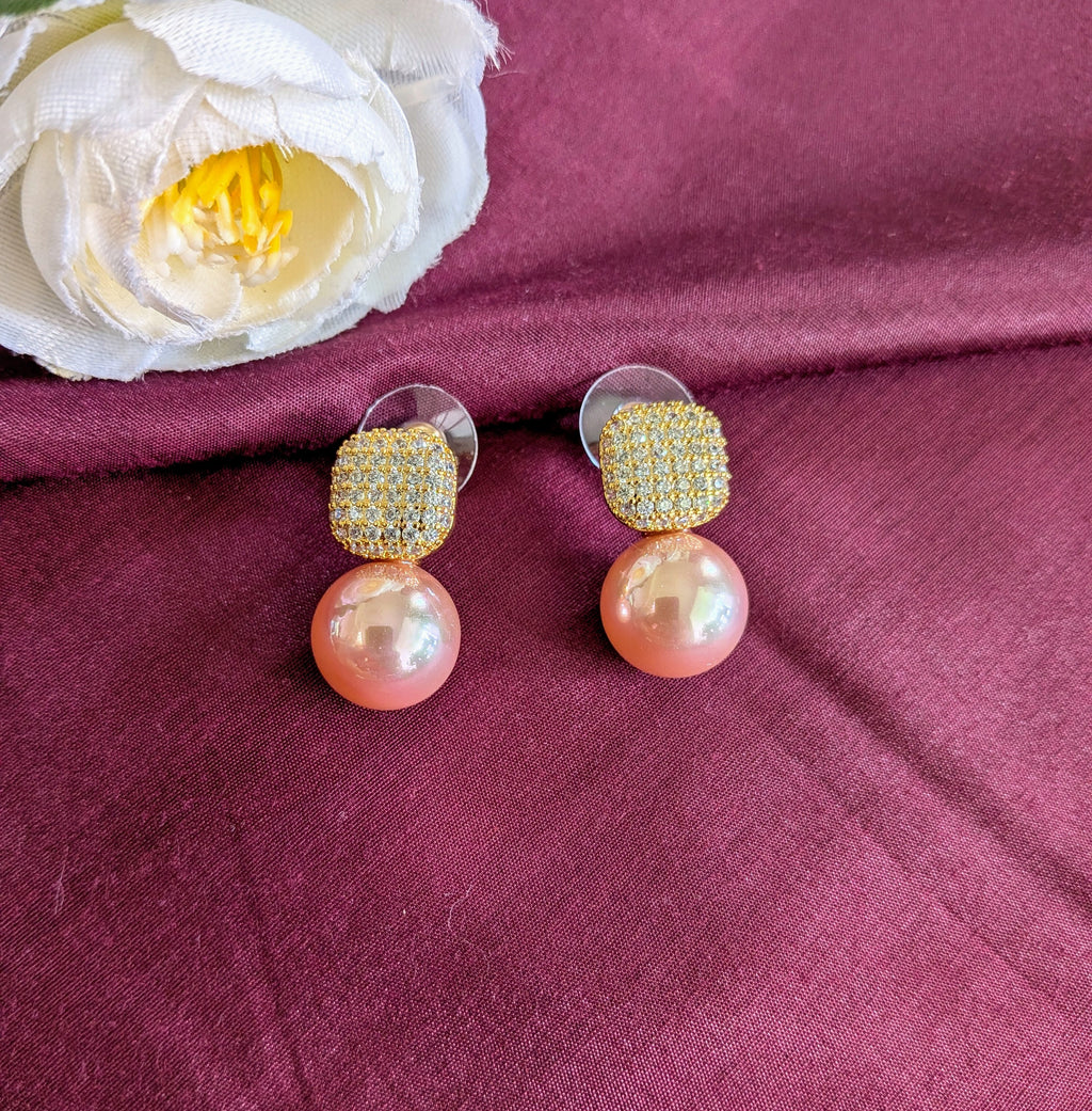 Crystal Luxe Drop Earrings – zirconia square top with enamel-finish pearl drops