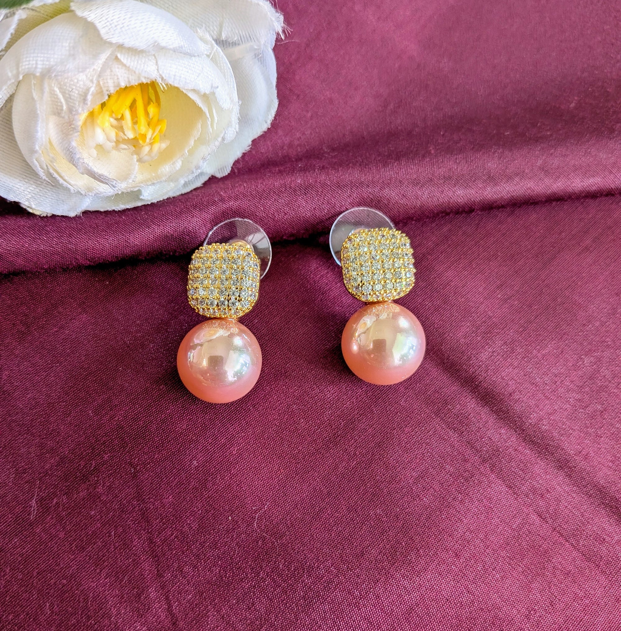 Crystal Luxe Drop Earrings – zirconia square top with enamel-finish pearl drops