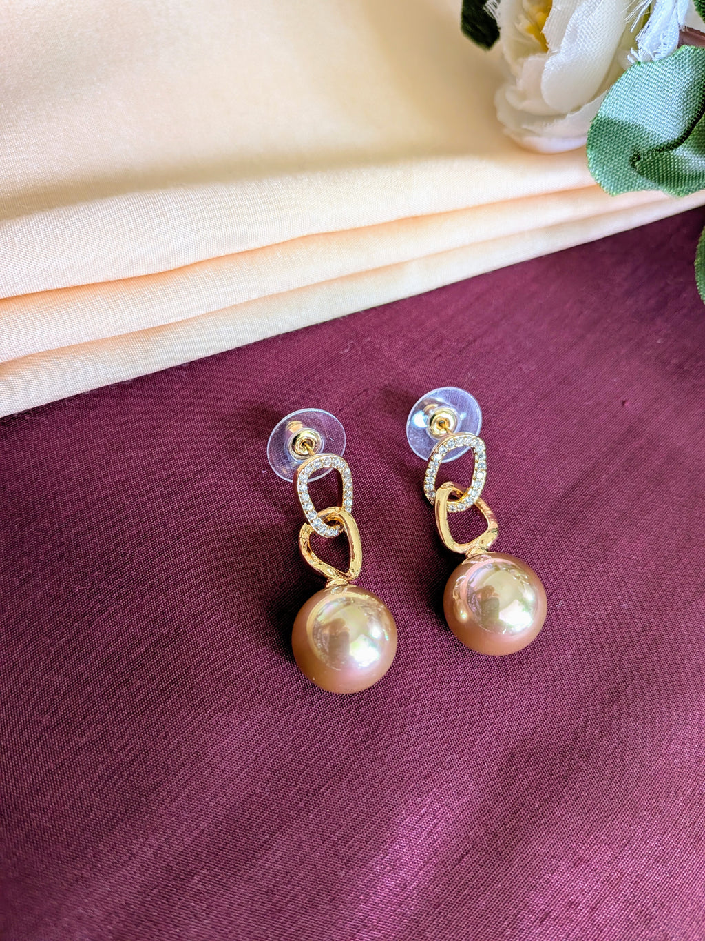 Pearl a Link Drop Earrings – gold zircon links with pearl drops