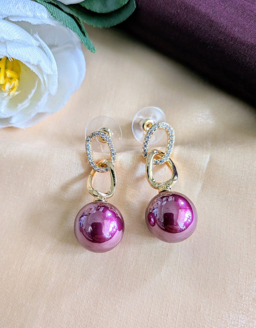 Pearl a Link Drop Earrings – gold zircon links with pearl drops