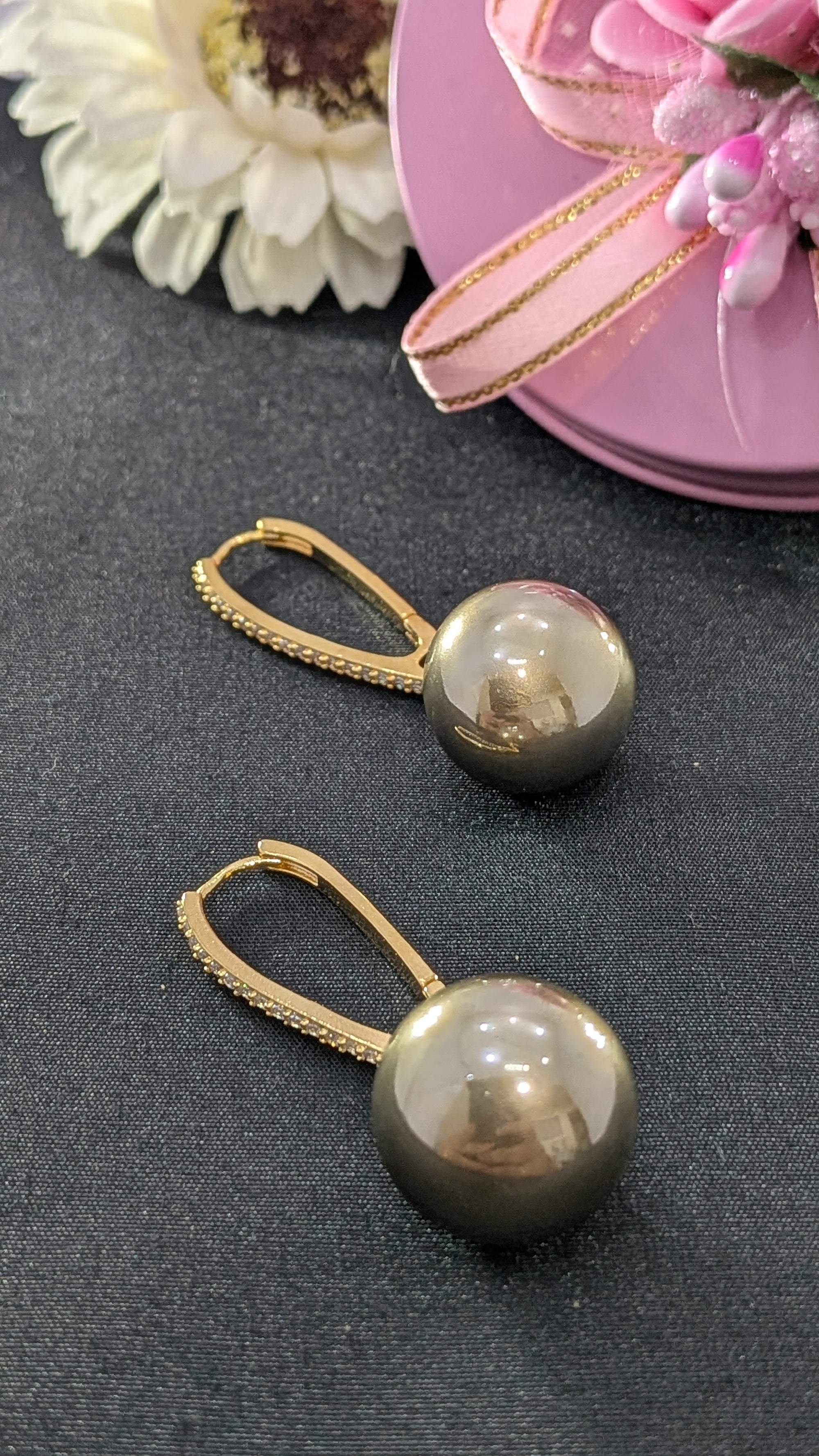 Gleam & Grace Hoops – gold zircon-encrusted hoop earrings with high-shine pearl drops