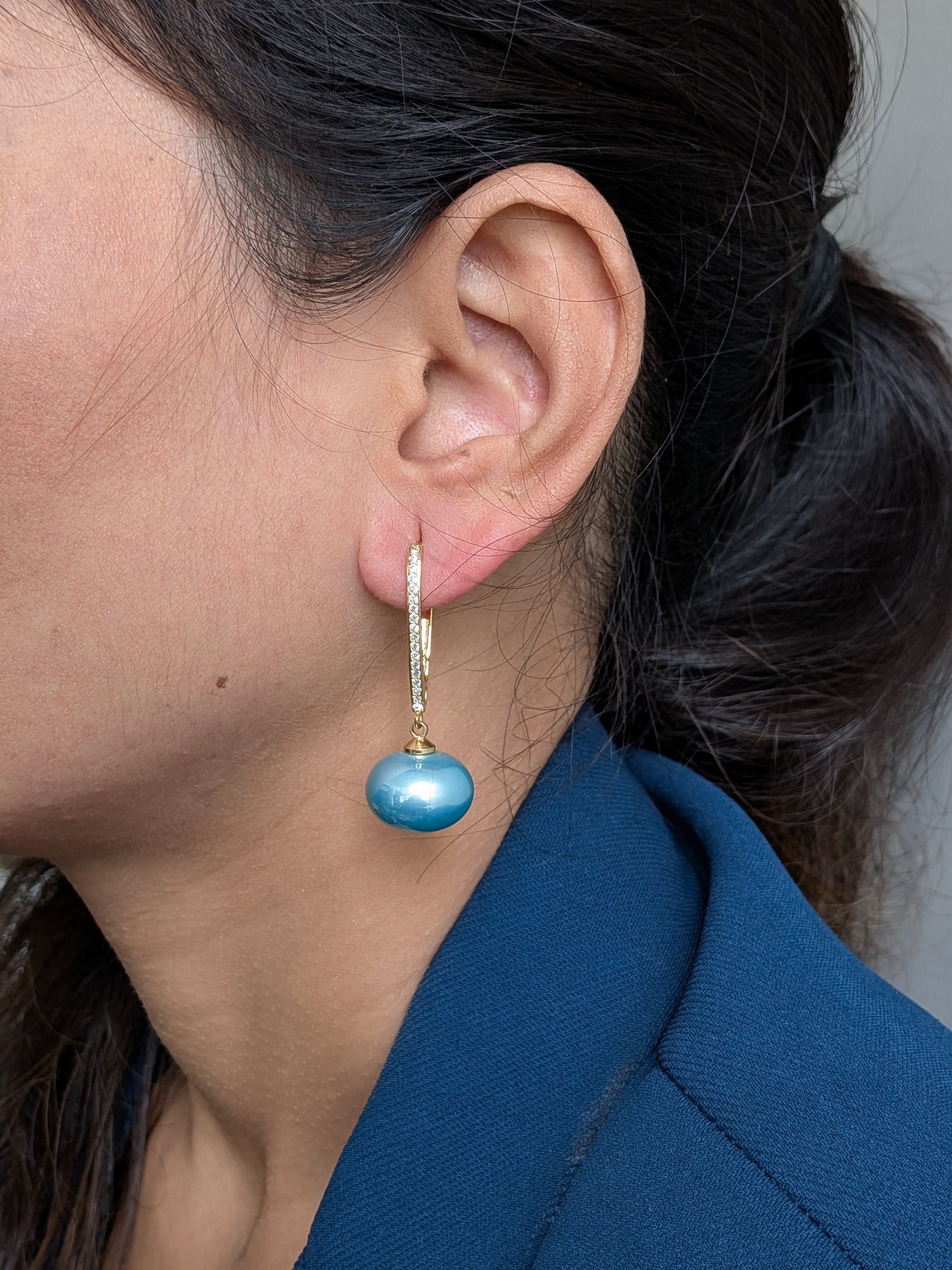 Gleam & Grace Hoops – gold zircon-encrusted hoop earrings with high-shine pearl drops