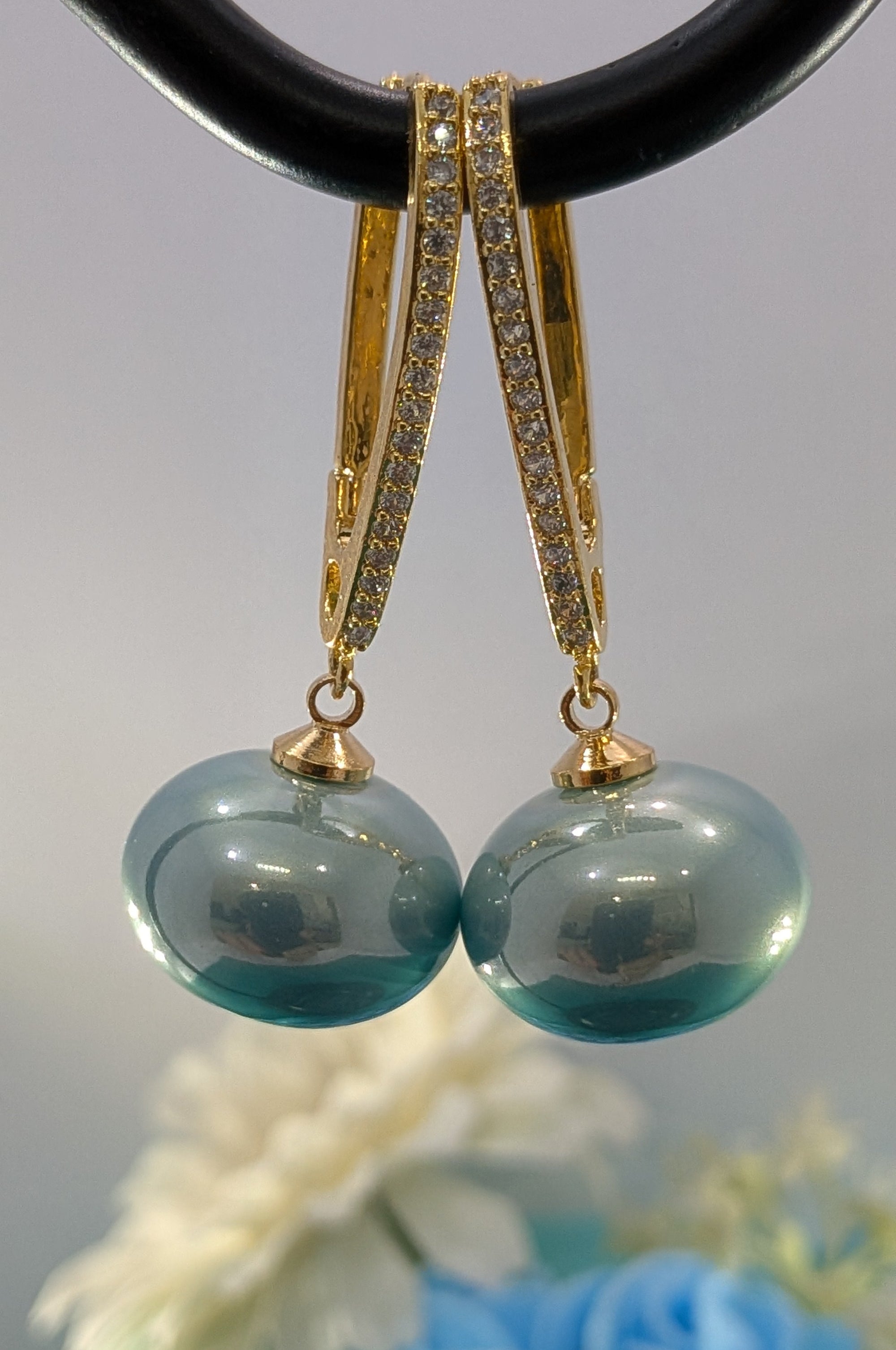 Gleam & Grace Hoops – gold zircon-encrusted hoop earrings with high-shine pearl drops