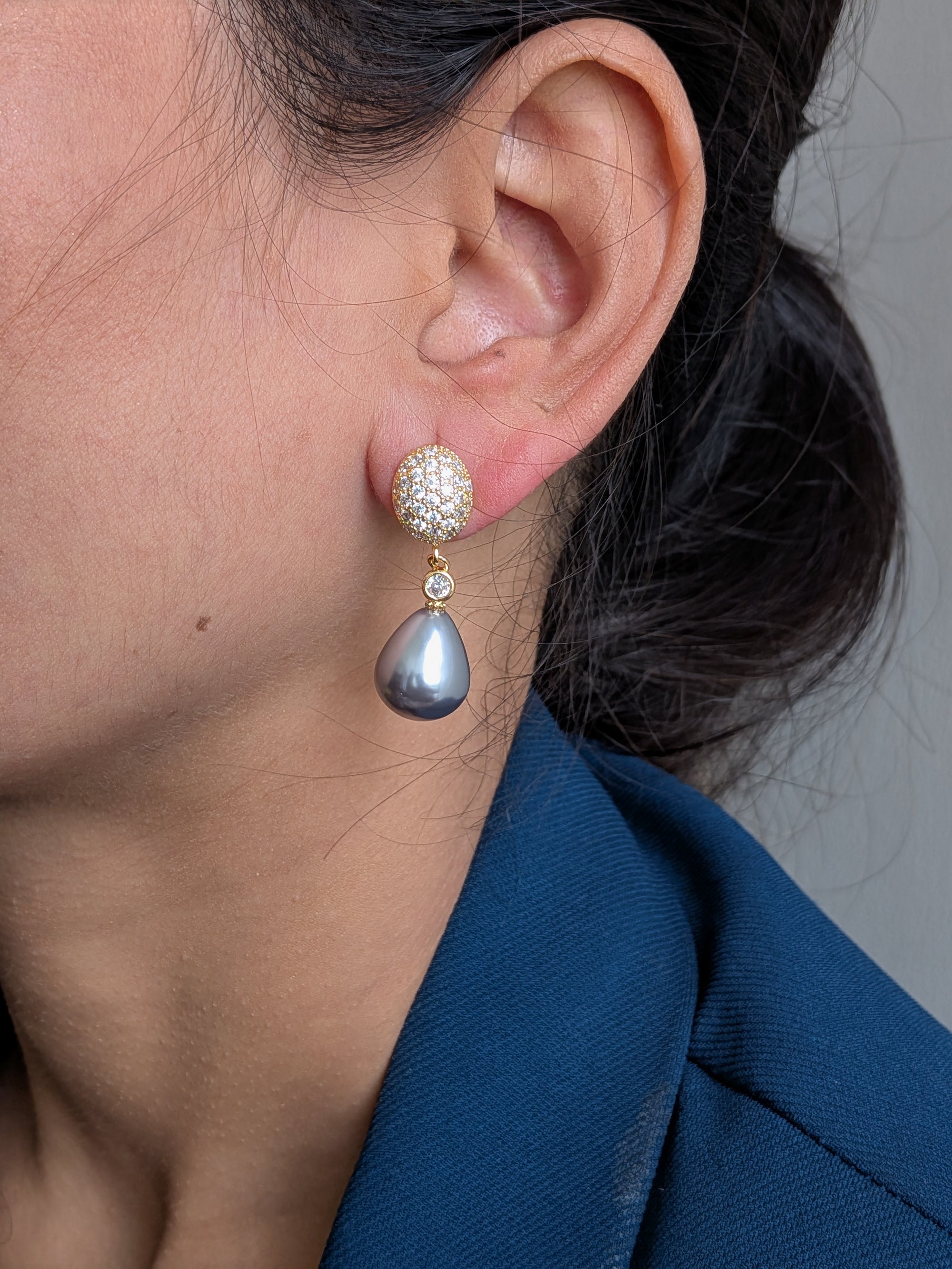Twilight Pearl Drops – pave-set tops with teardrop grey pearls and connector stone