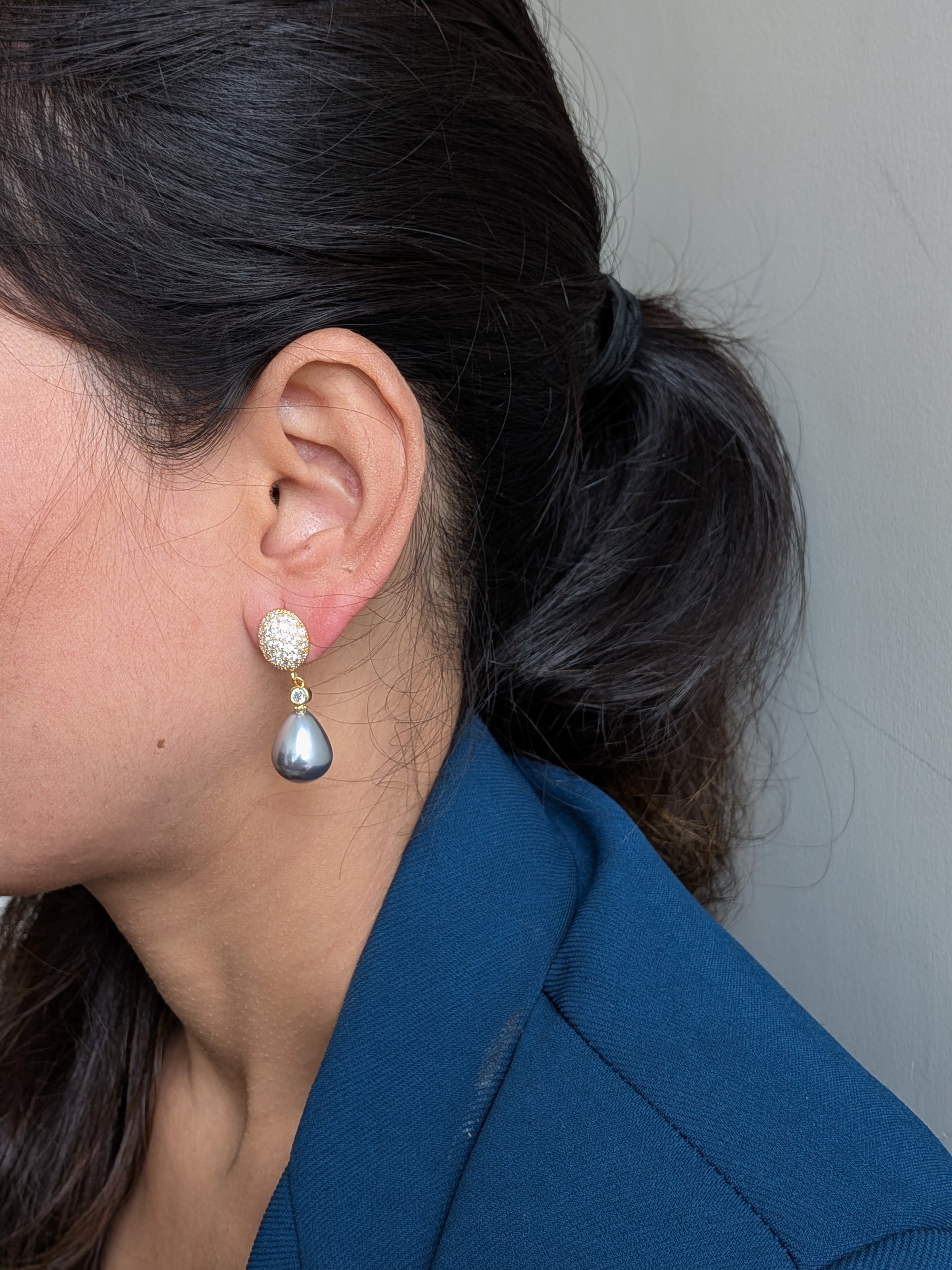 Twilight Pearl Drops – pave-set tops with teardrop grey pearls and connector stone