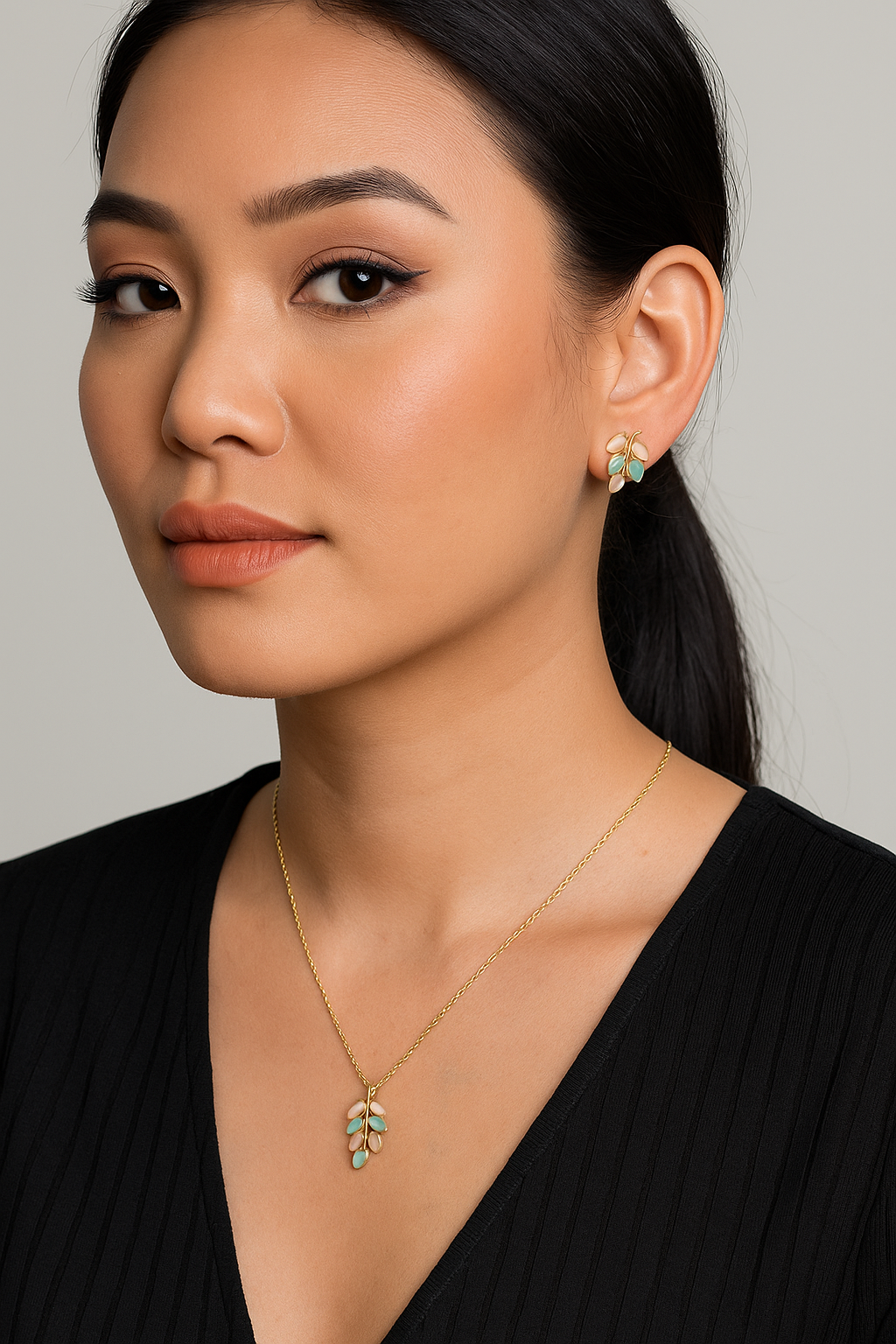 Pastel Bloom Leaf Pendant Set – pink and mint leaf stones on gold vine hanger