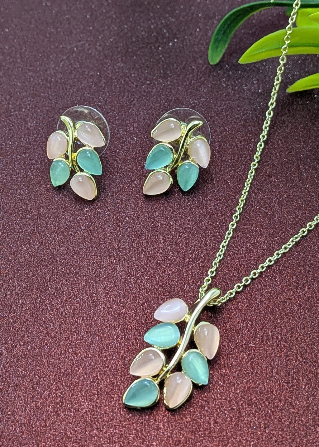Pastel Bloom Leaf Pendant Set – pink and mint leaf stones on gold vine hanger