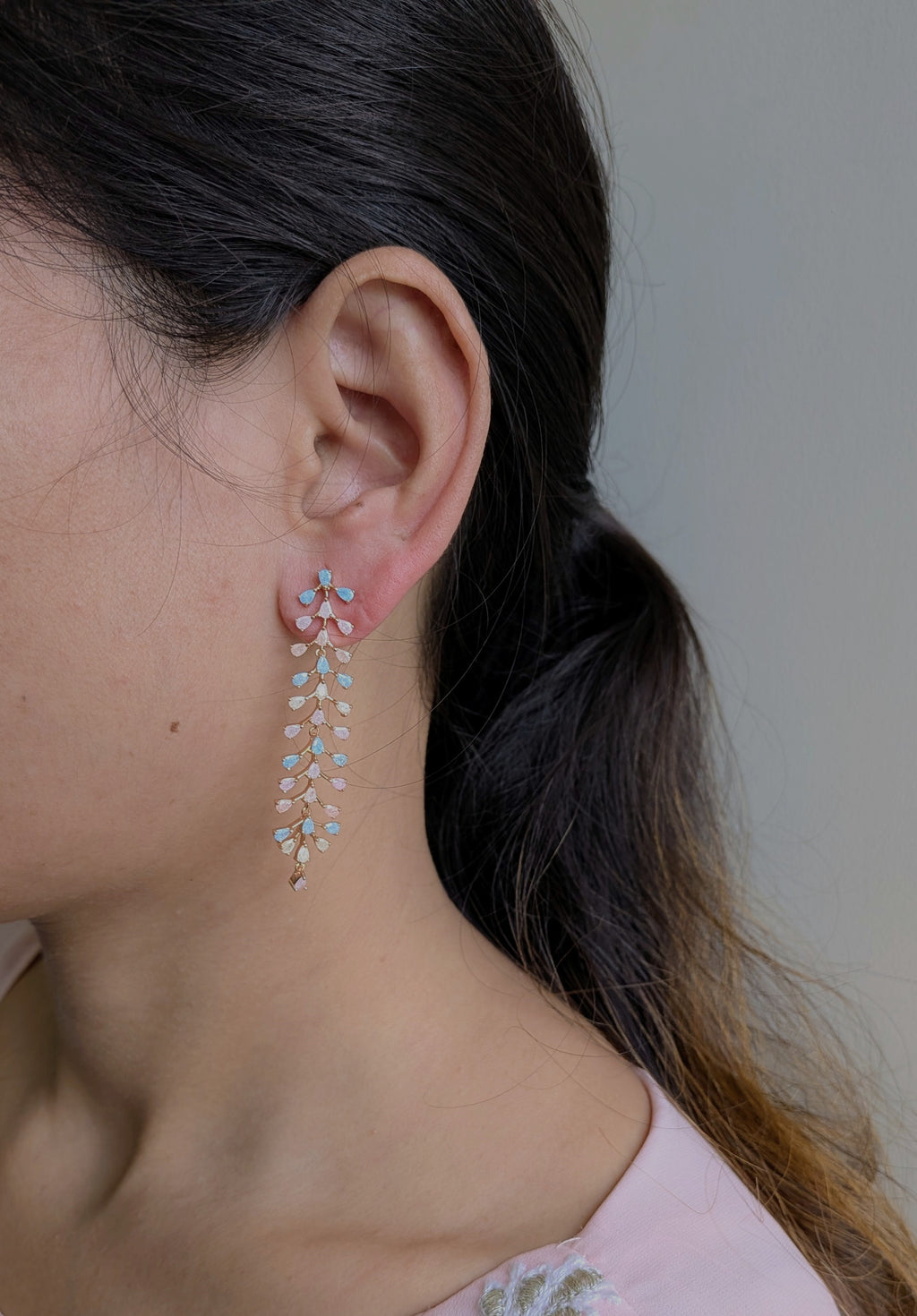 Pastel Bloom Vine – cascading pastel pink and blue stone earrings in gold tone