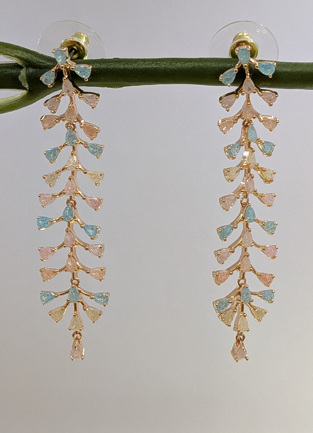 Pastel Bloom Vine – cascading pastel pink and blue stone earrings in gold tone