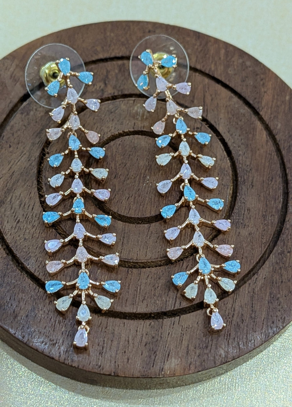 Pastel Bloom Vine – cascading pastel pink and blue stone earrings in gold tone