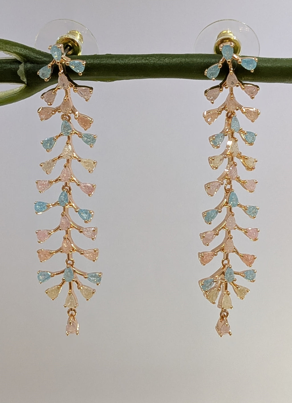 Pastel Bloom Vine – cascading pastel pink and blue stone earrings in gold tone