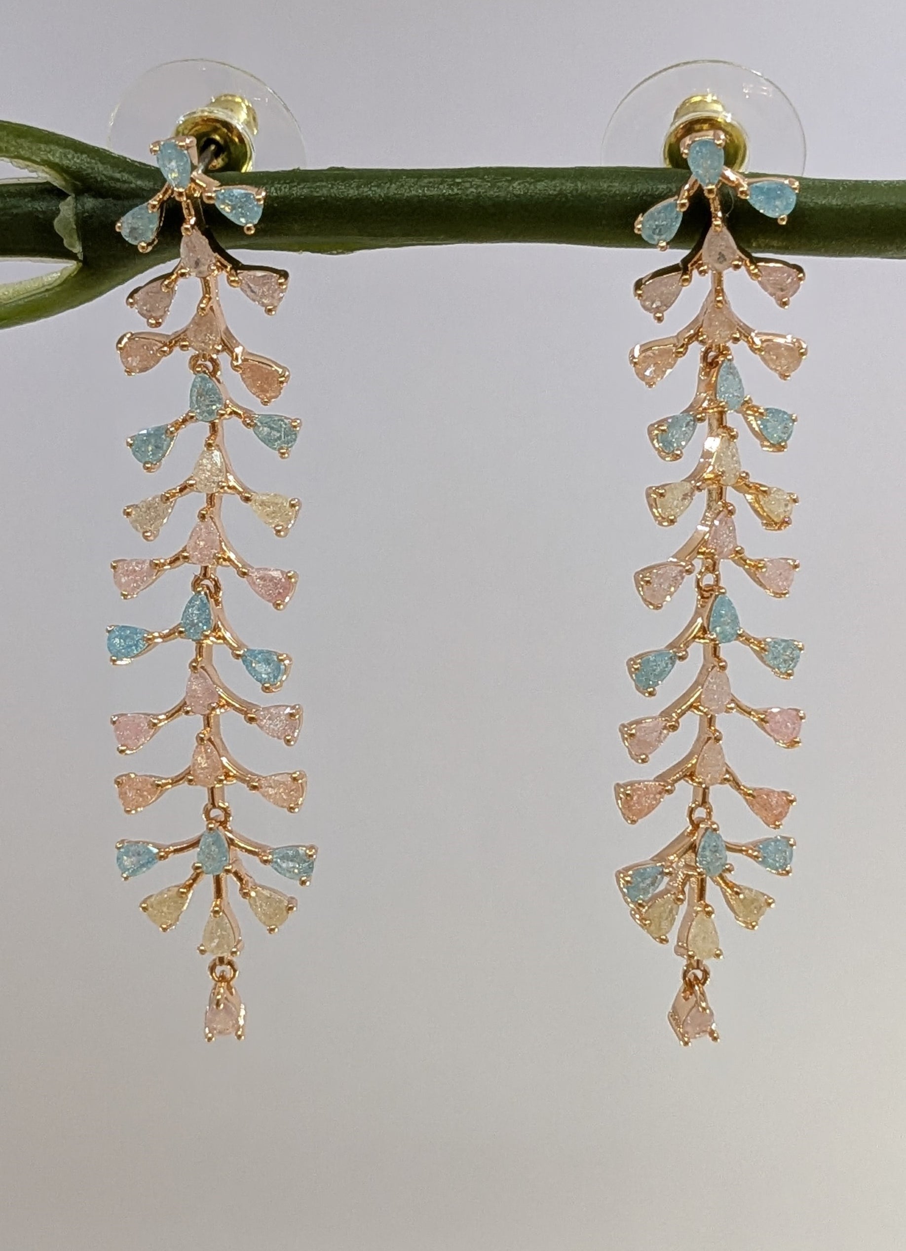 Pastel Bloom Vine – cascading pastel pink and blue stone earrings in gold tone