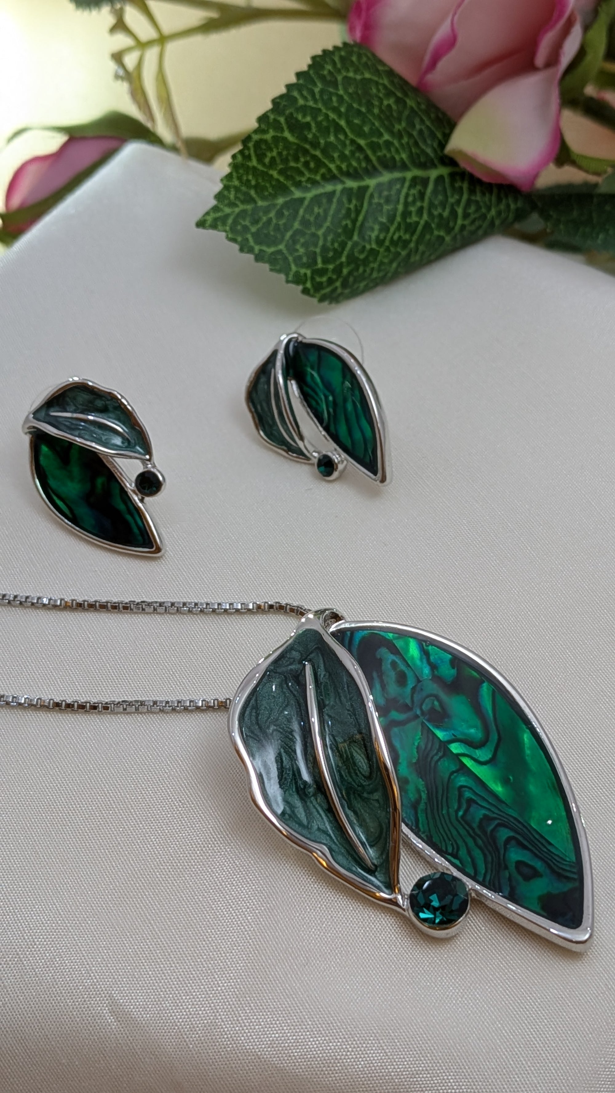 Emerald Tide Leaf MOP Pendant Set – enamel and mother-of-pearl leaf pendant with crystal drop