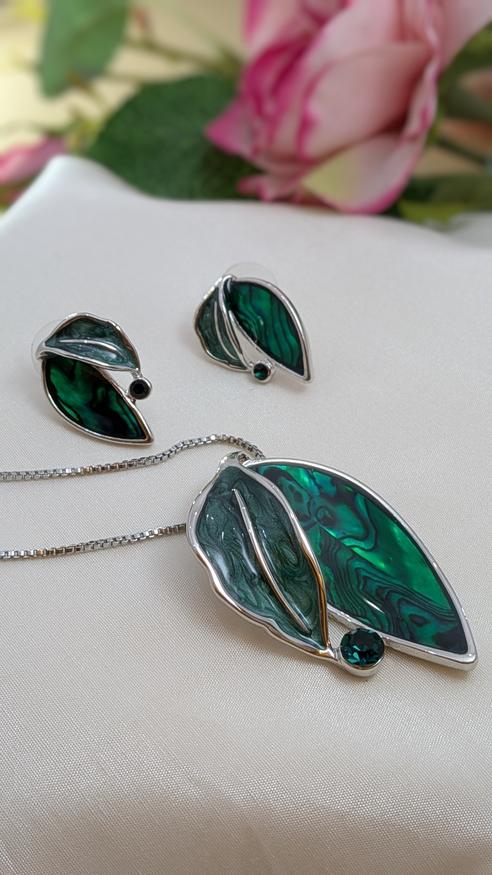 Emerald Tide Leaf MOP Pendant Set – enamel and mother-of-pearl leaf pendant with crystal drop