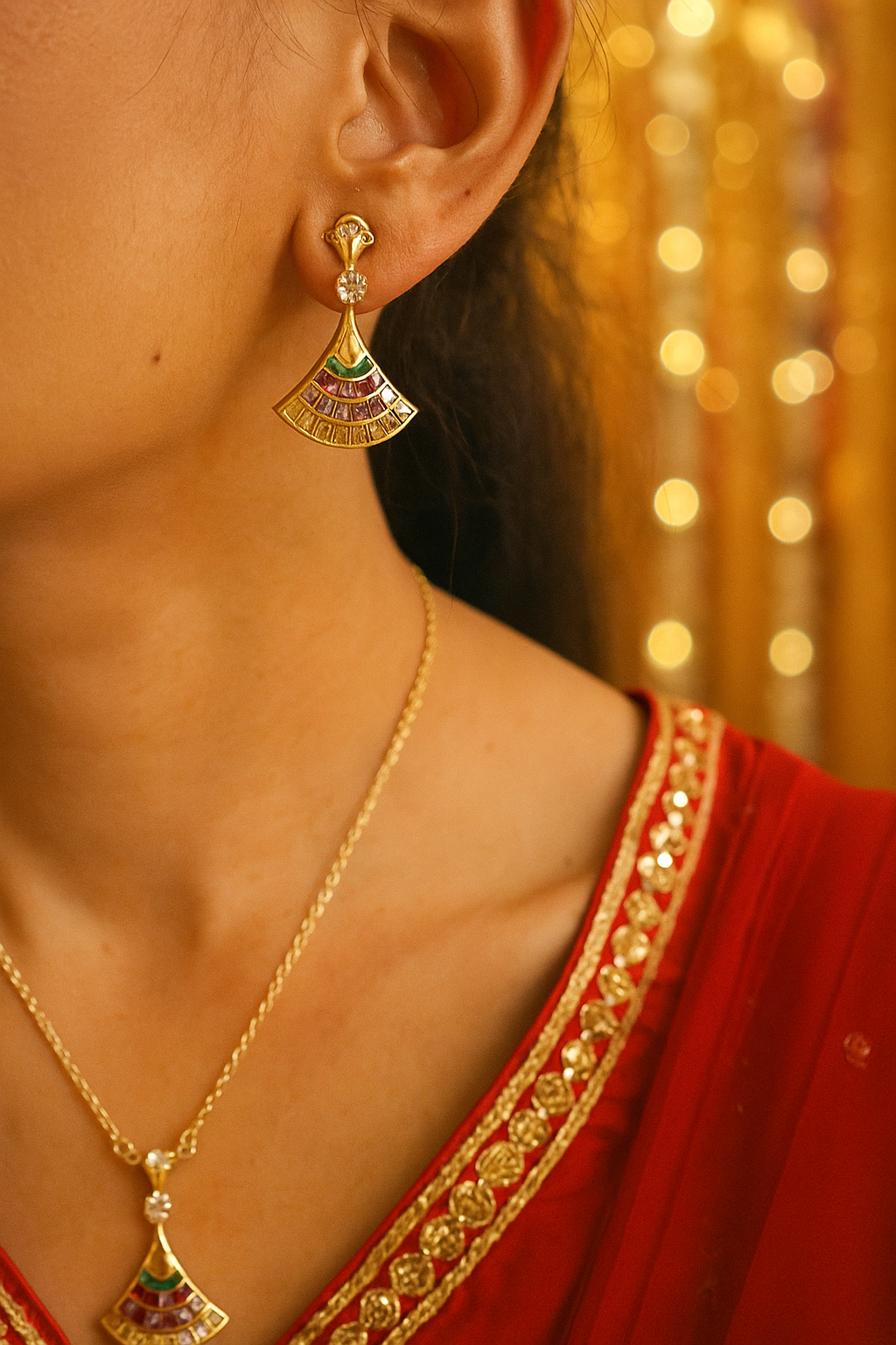 Regal Prism Fan Pendant Set – multicolored baguette fan pendant in gold