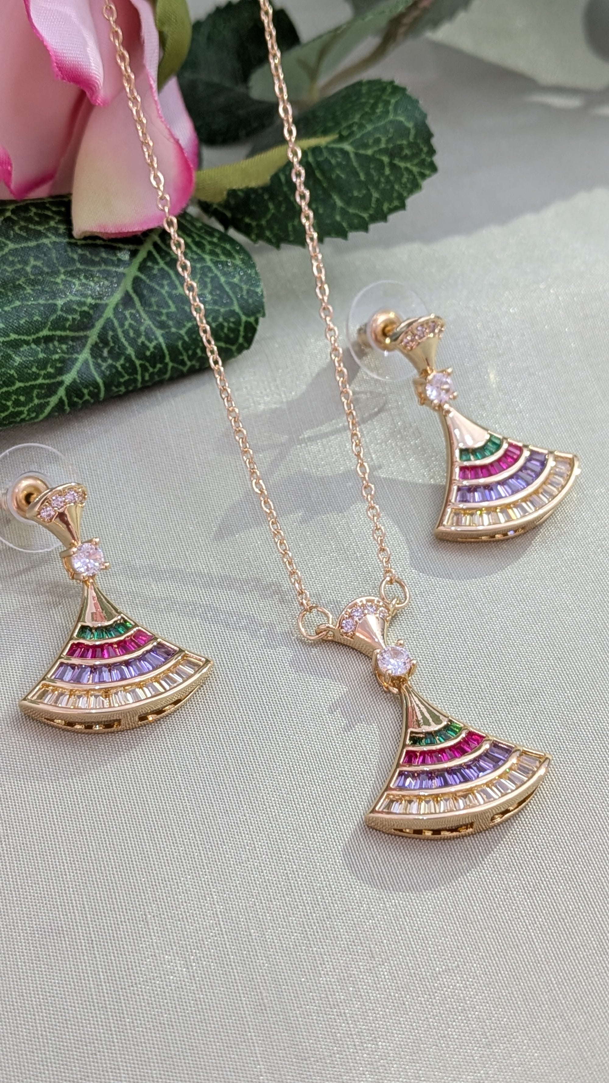 Regal Prism Fan Pendant Set – multicolored baguette fan pendant in gold