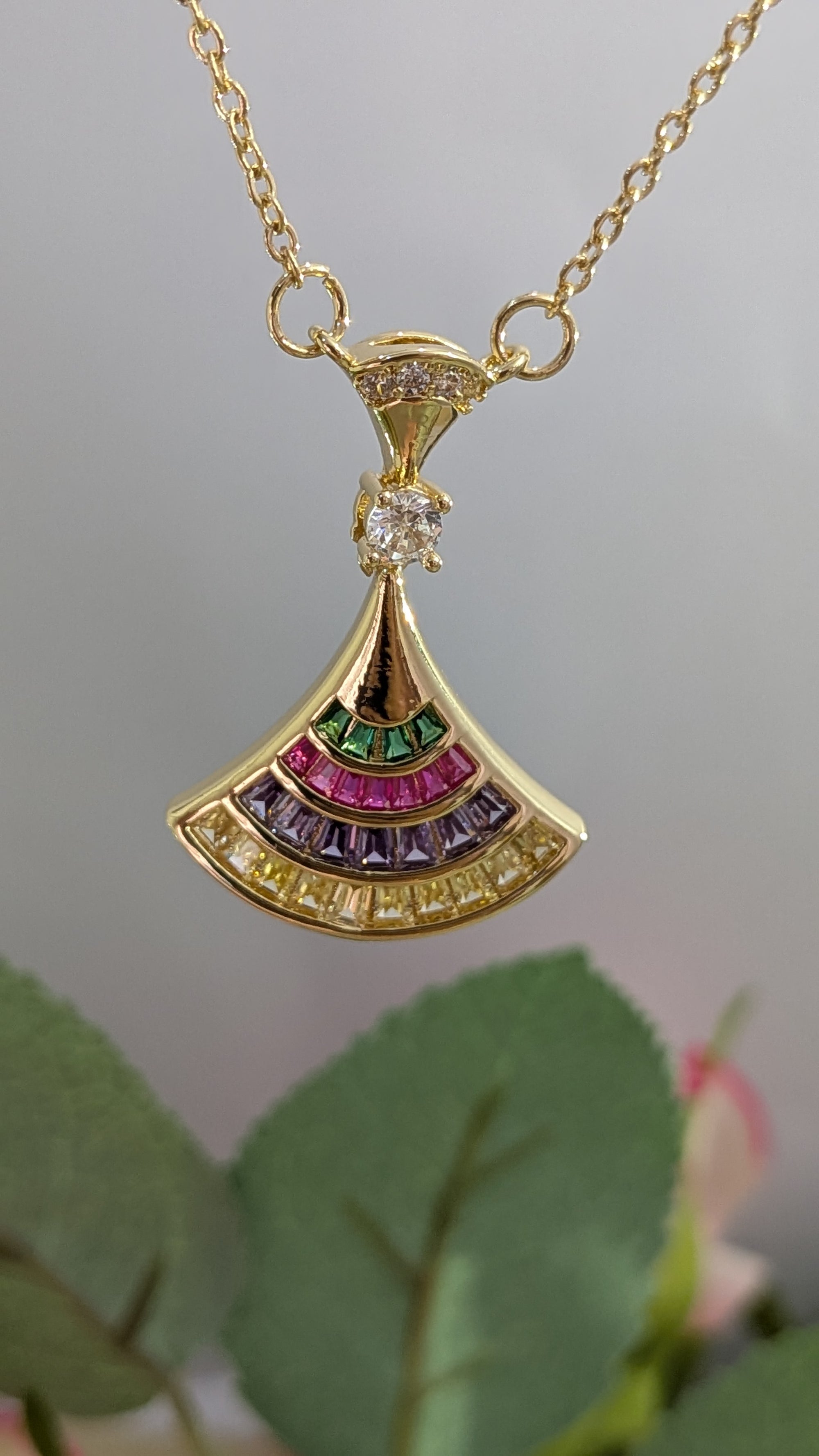 Regal Prism Fan Pendant Set – multicolored baguette fan pendant in gold