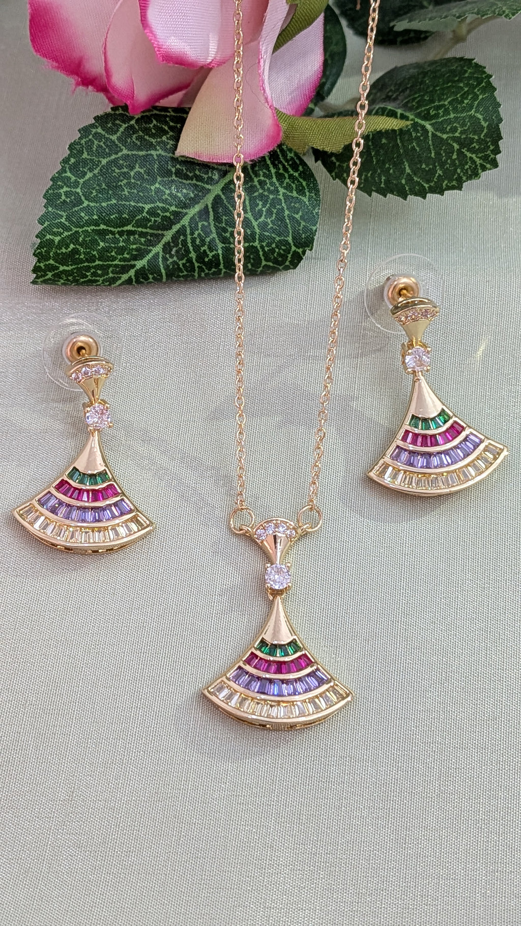 Regal Prism Fan Pendant Set – multicolored baguette fan pendant in gold